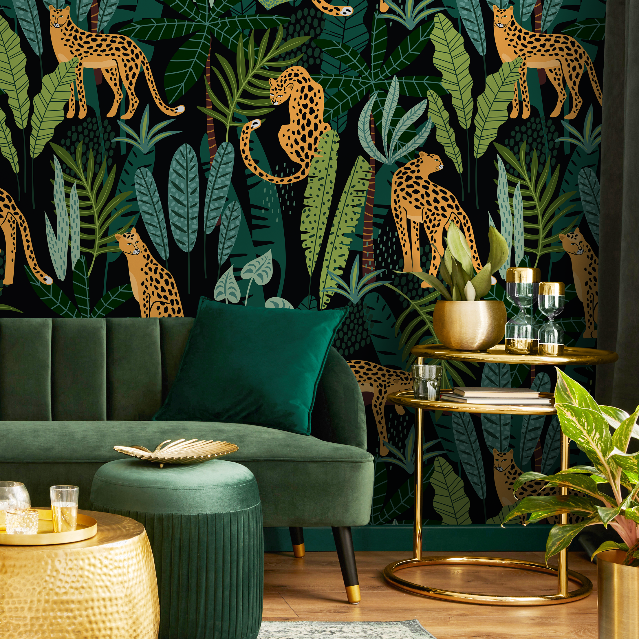 Tropical Wallpaper With Leopards In A Jungle In Black, Green, And Orange - C316