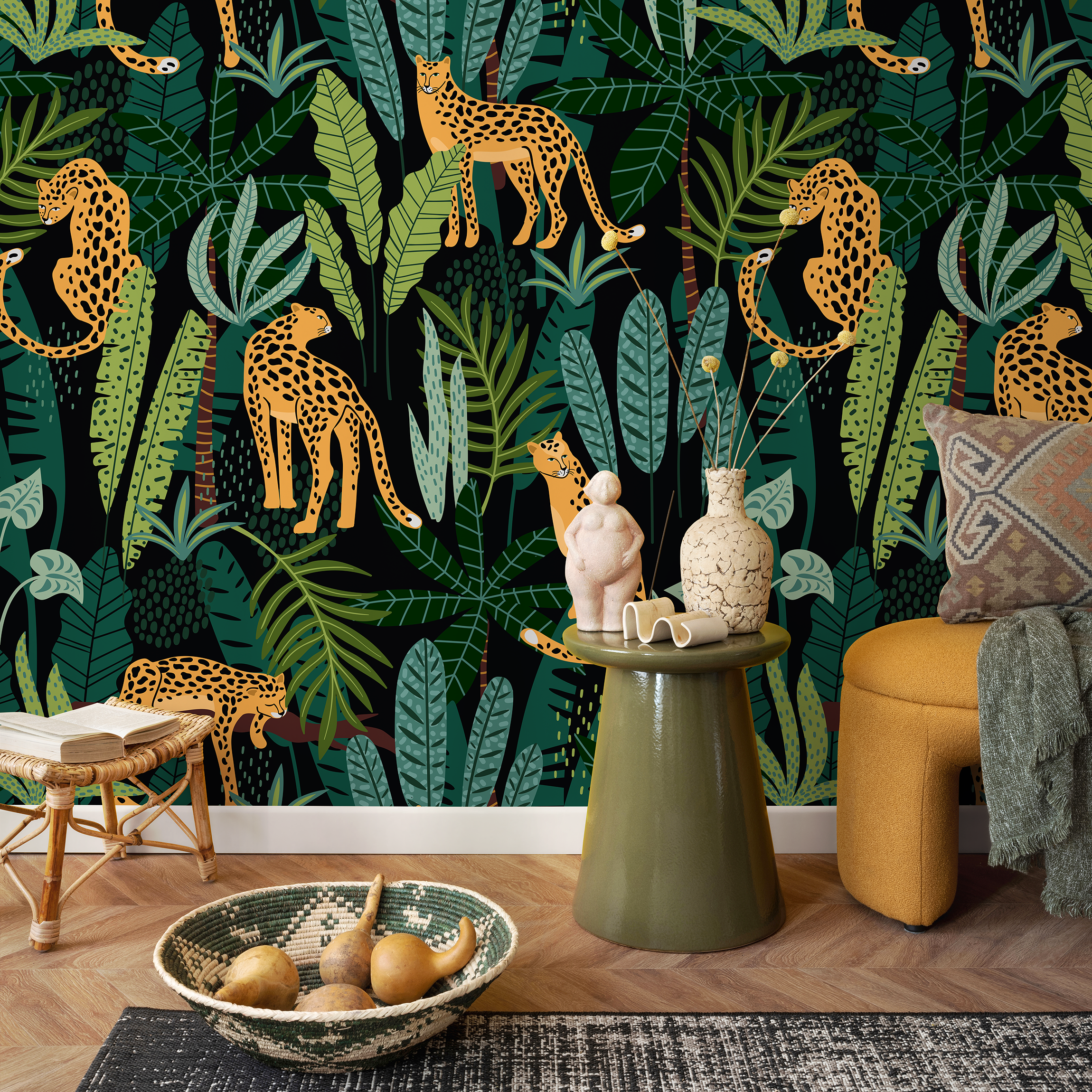 Tropical Wallpaper With Leopards In A Jungle In Black, Green, And Orange - C316