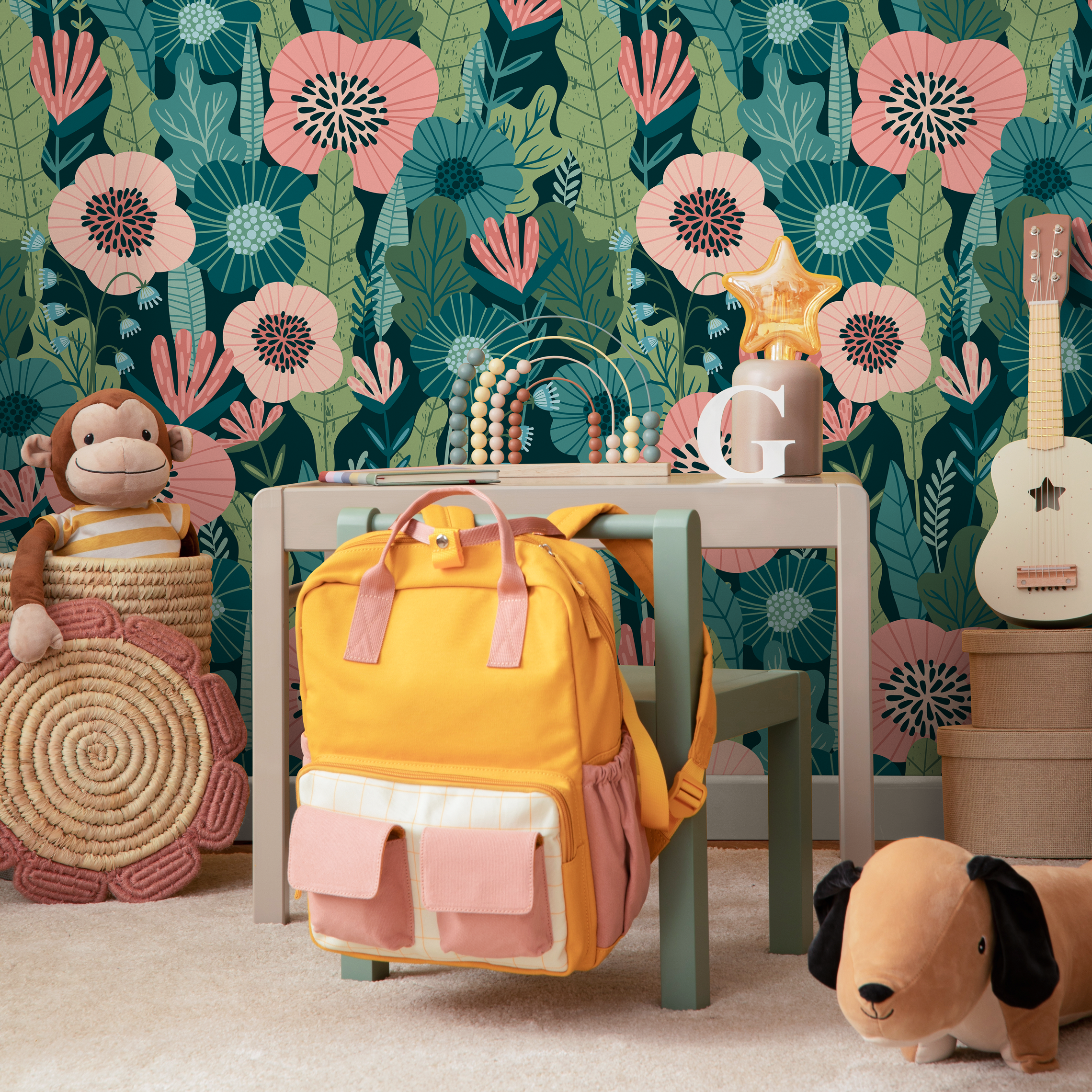 Botanical Wallpaper With Stylized Poppies In Pink, Green, And Teal - C318