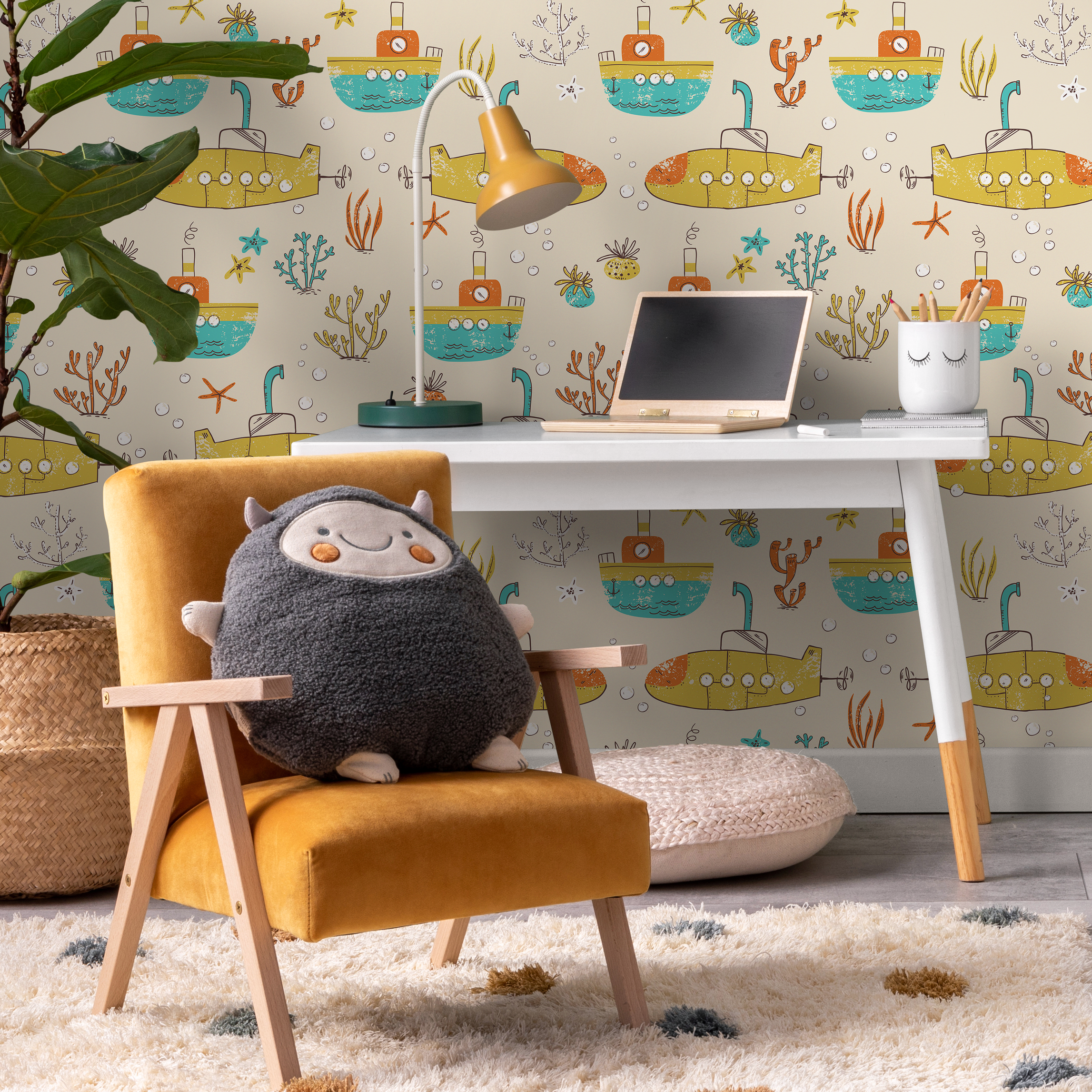 Kids Wallpaper With Illustrated Submarines In Yellow, Teal, And Orange - C319