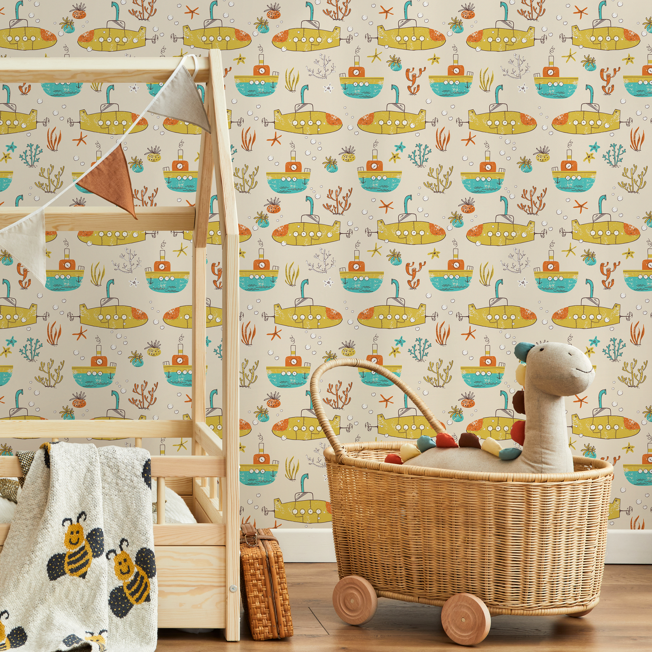 Kids Wallpaper With Illustrated Submarines In Yellow, Teal, And Orange - C319