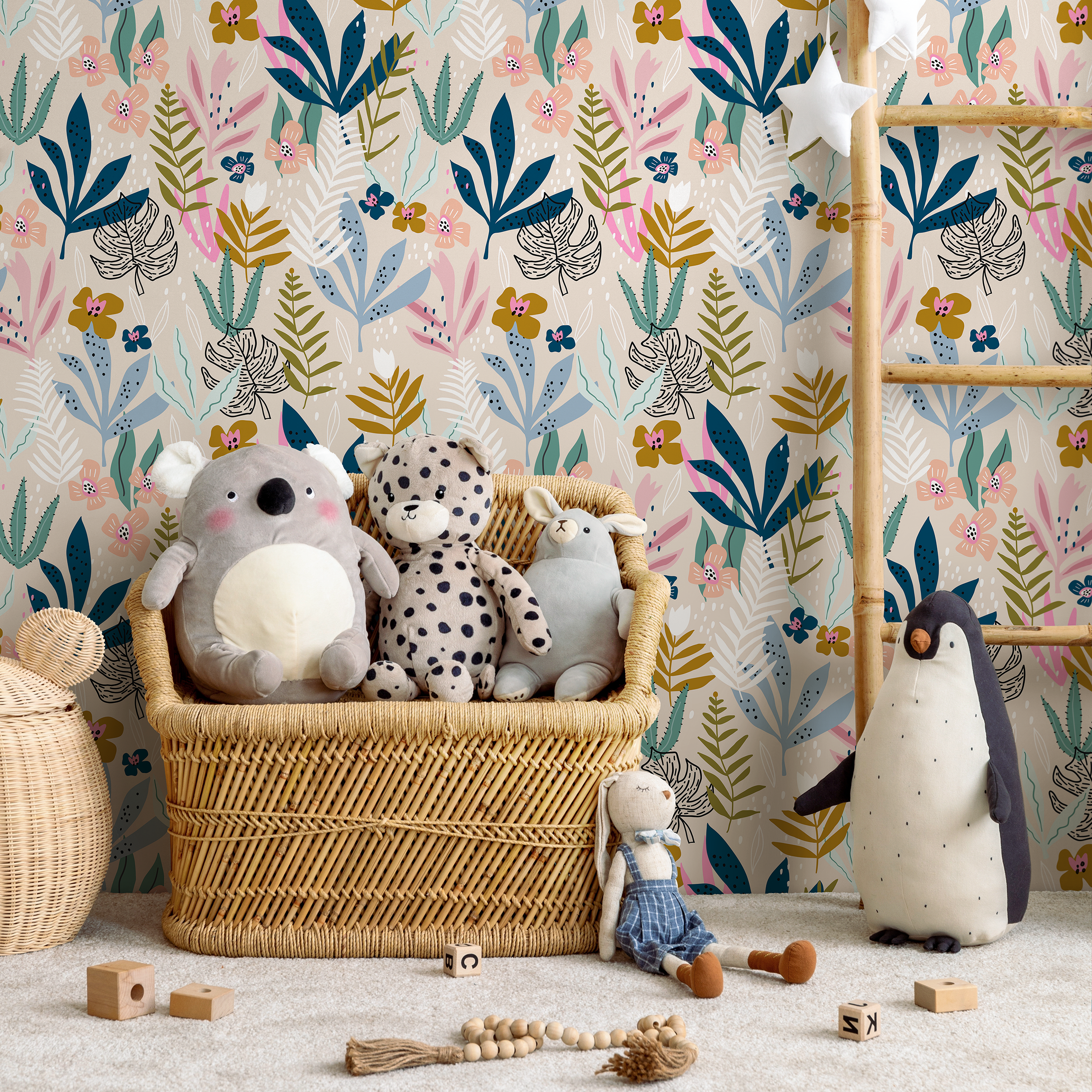 Botanical Wallpaper With Stylized Leaves And Flowers In Blue, Pink, And Yellow - C320