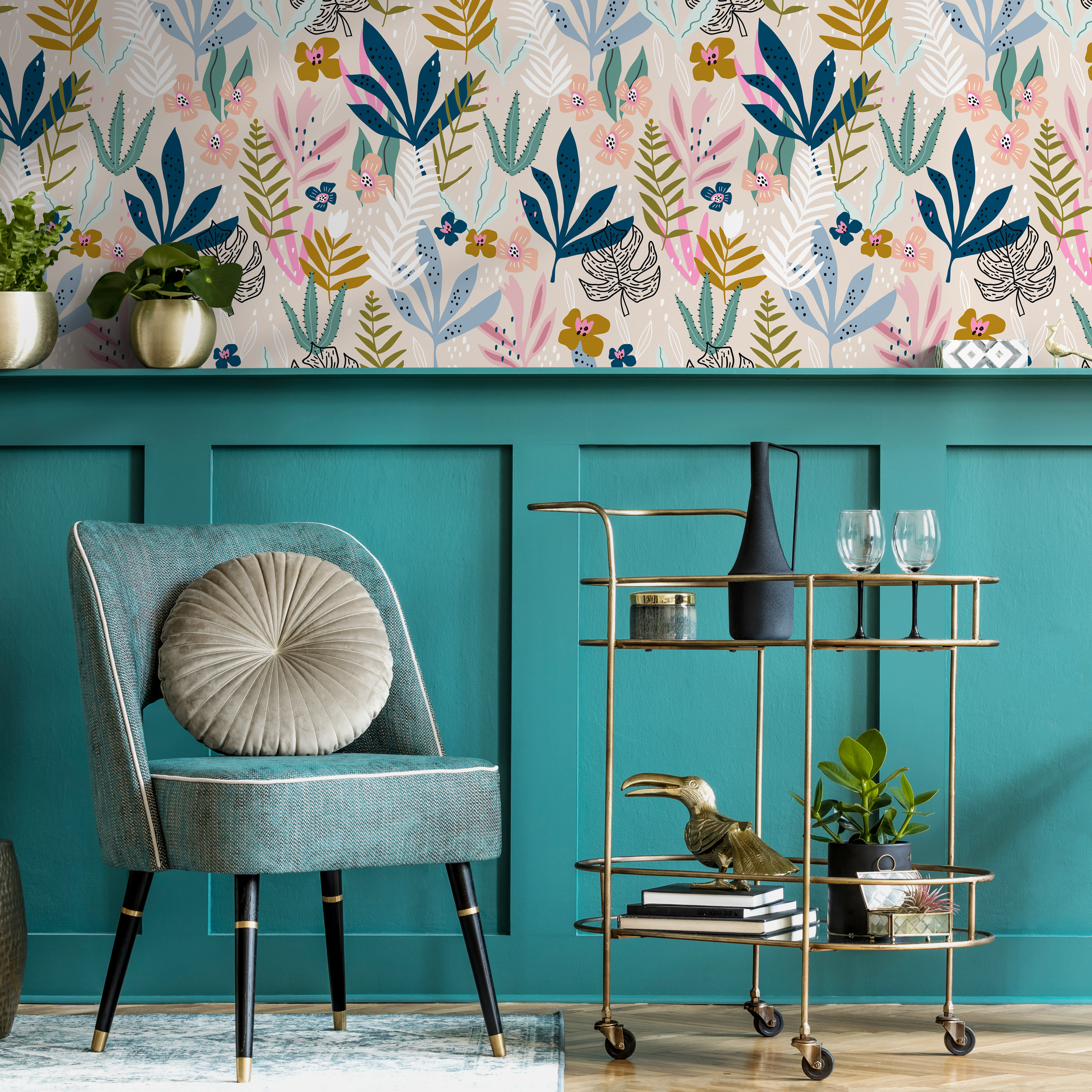 Botanical Wallpaper With Stylized Leaves And Flowers In Blue, Pink, And Yellow - C320