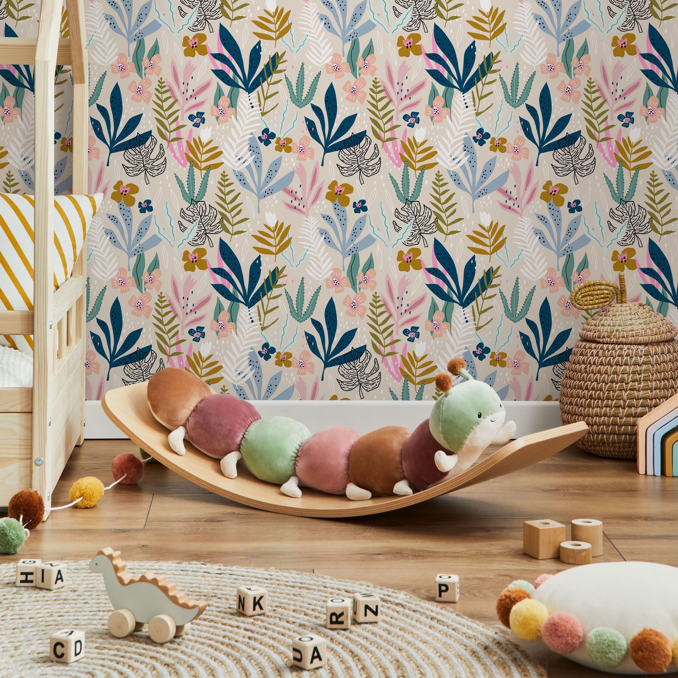 Botanical Wallpaper With Stylized Leaves And Flowers In Blue, Pink, And Yellow - C320