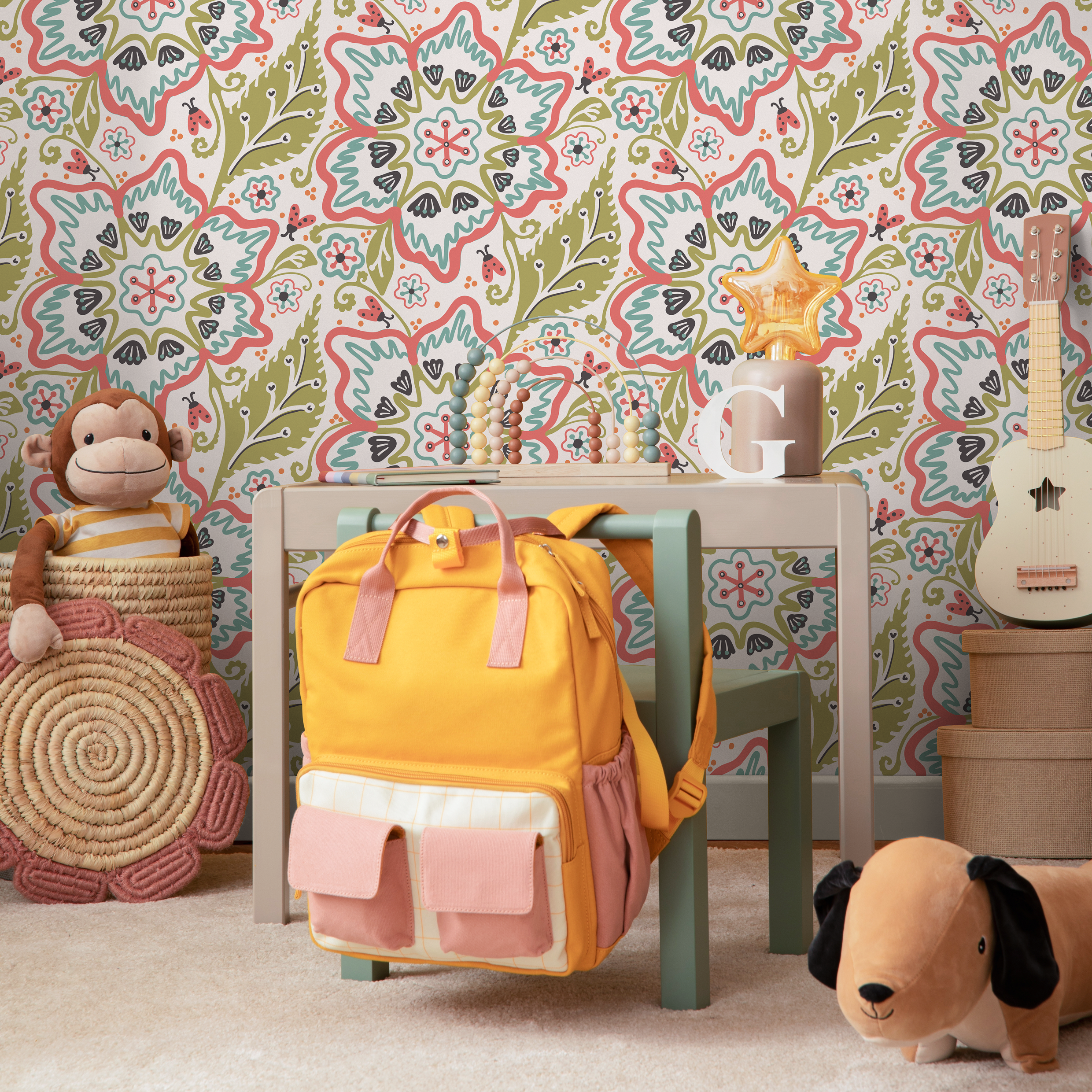 Floral Wallpaper With A Folk Art Motif In Coral, Teal, And Green - C321