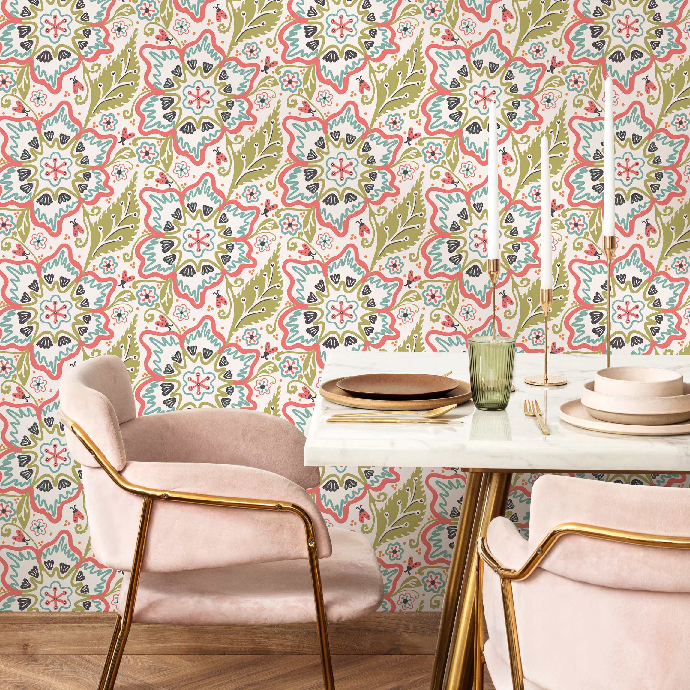 Floral Wallpaper With A Folk Art Motif In Coral, Teal, And Green - C321