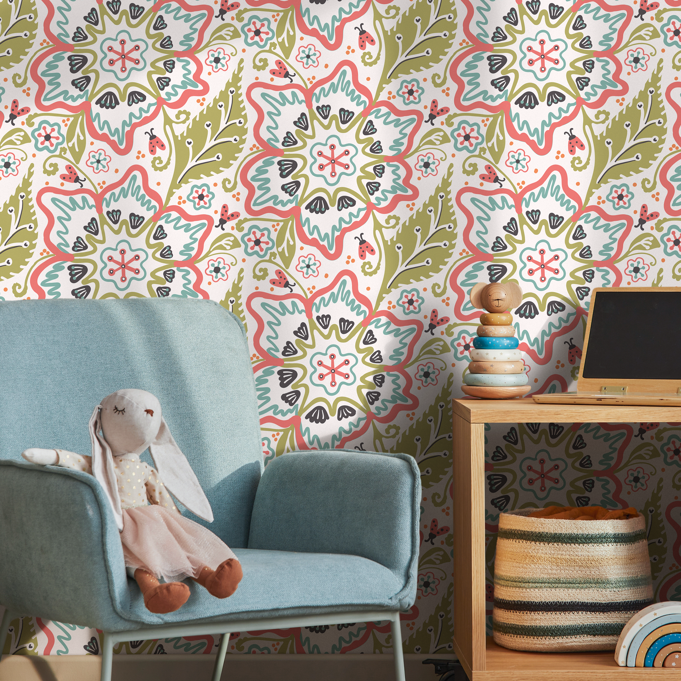 Floral Wallpaper With A Folk Art Motif In Coral, Teal, And Green - C321