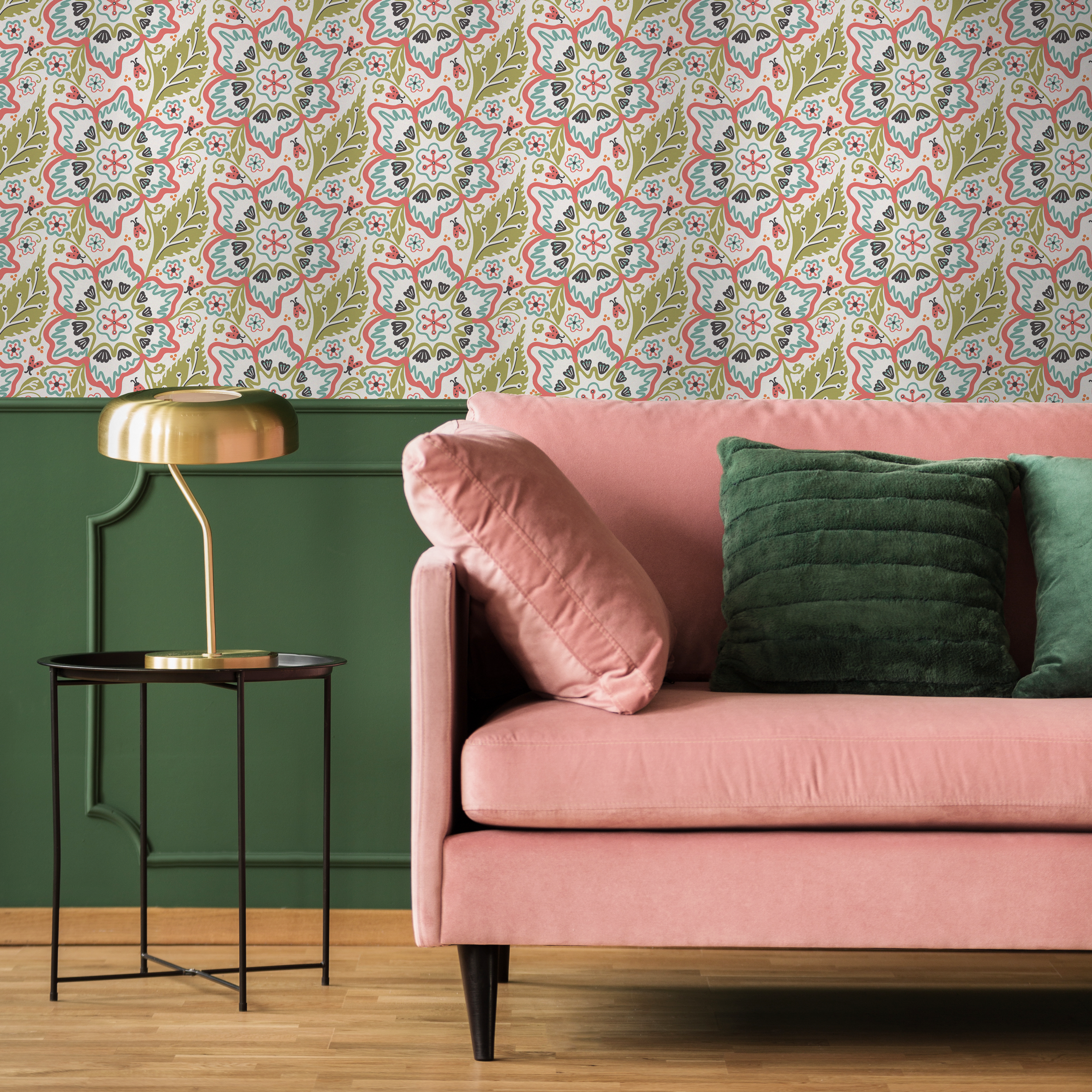 Floral Wallpaper With A Folk Art Motif In Coral, Teal, And Green - C321