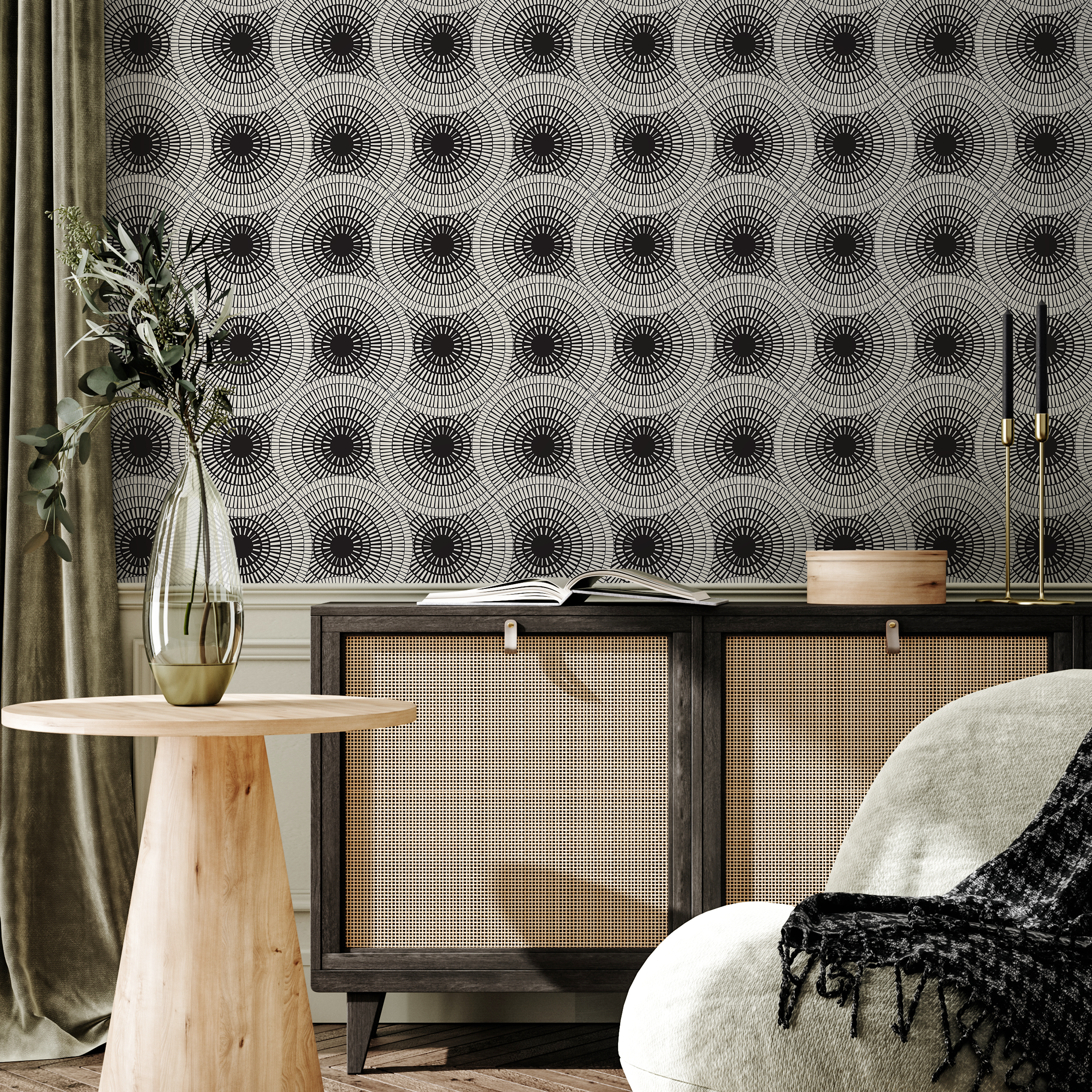 Geometric Wallpaper With Radiating Circle Motifs In Black And White - C323