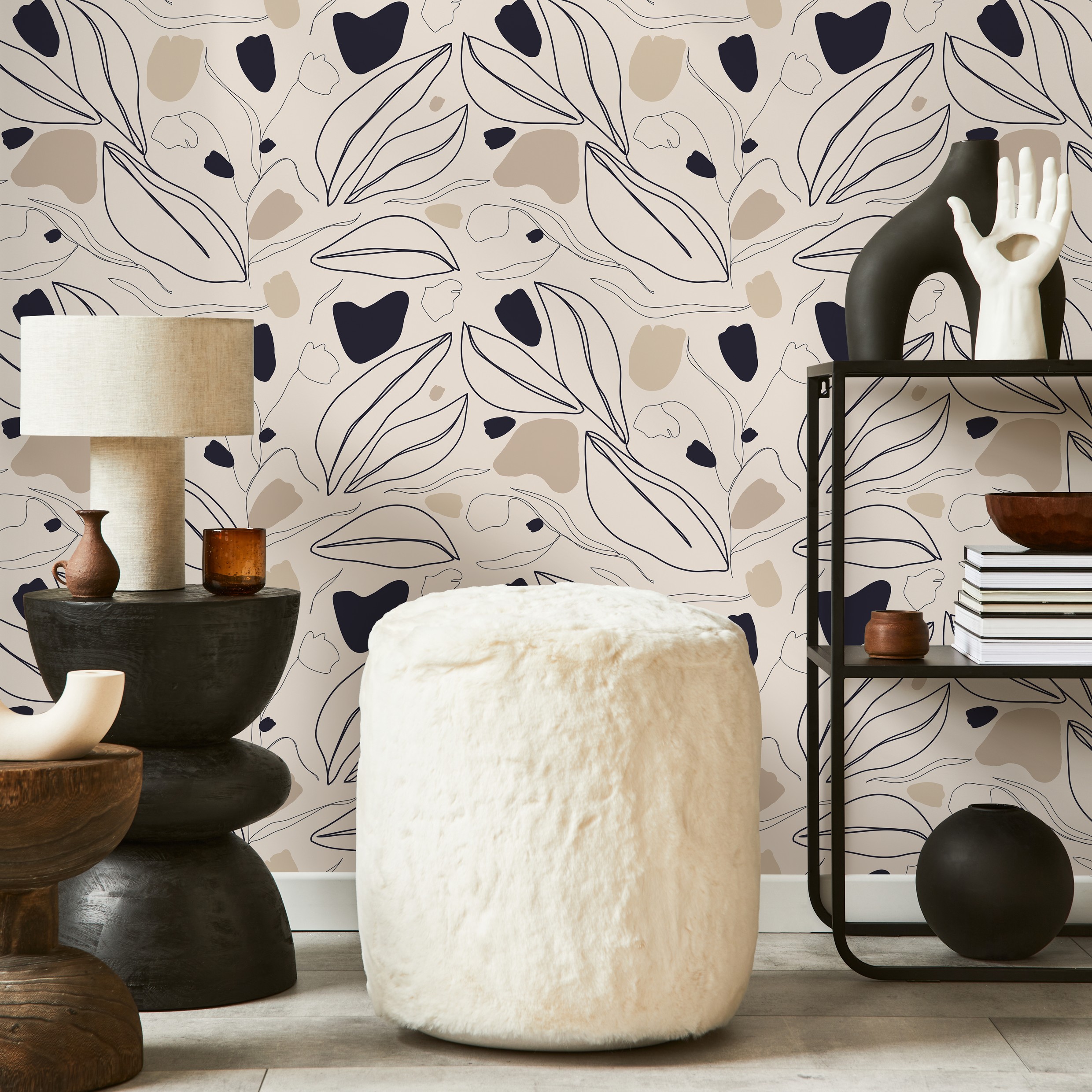 Botanical Wallpaper With Abstract Line Art Leaves In Black, Beige, And Tan - C324