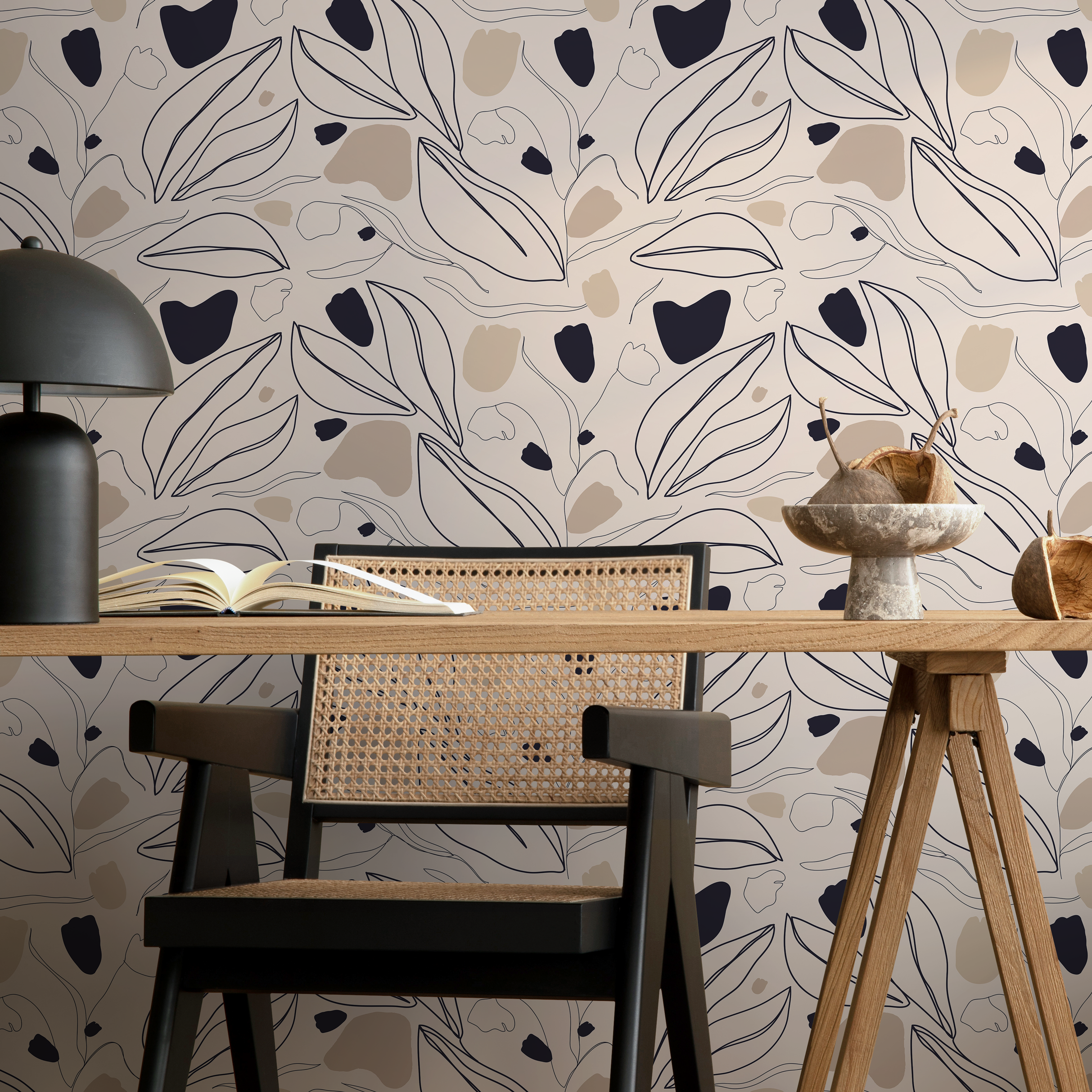 Botanical Wallpaper With Abstract Line Art Leaves In Black, Beige, And Tan - C324