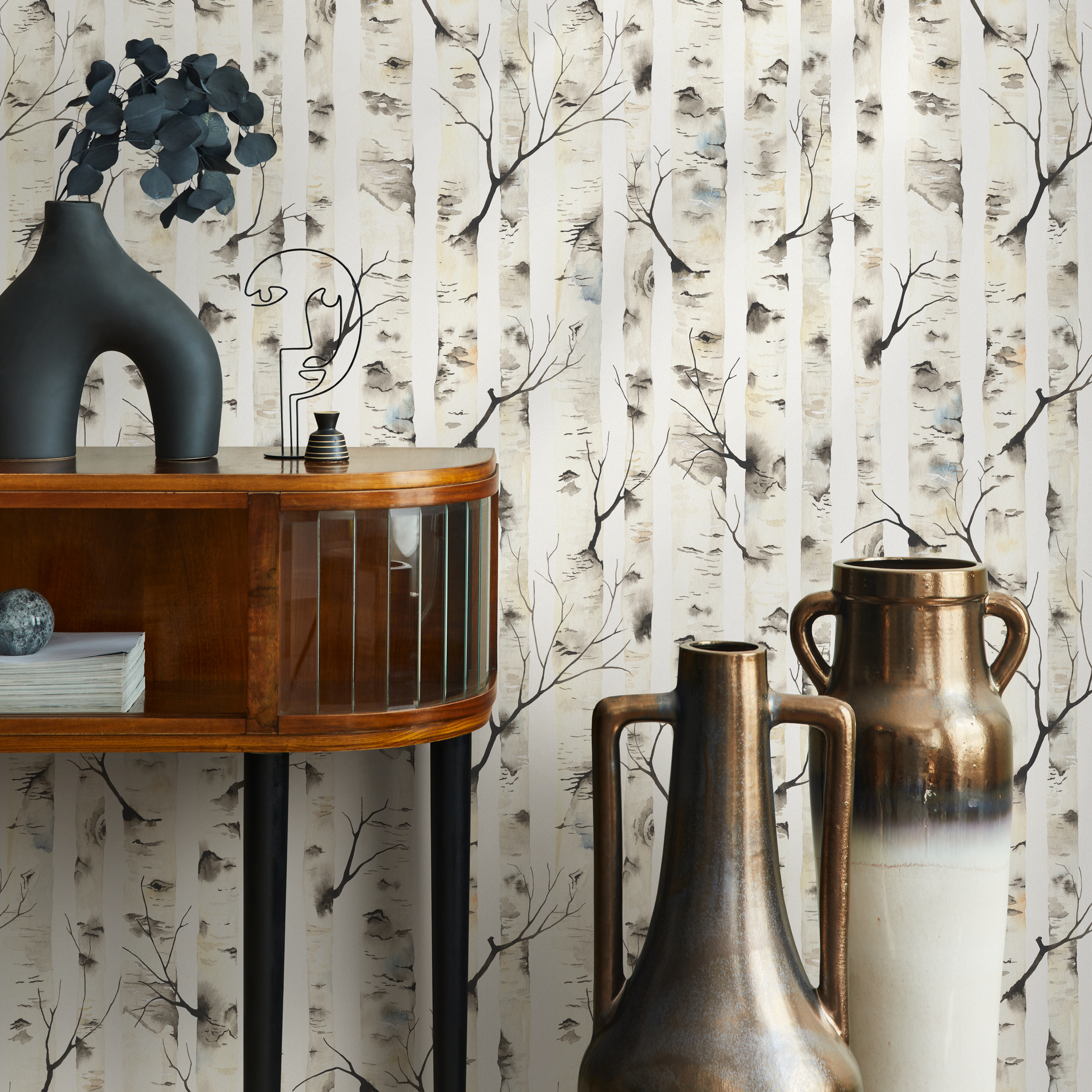 Abstract Forest Wallpaper With Watercolor Birch Trees In Gray, Beige, And Blue - C325