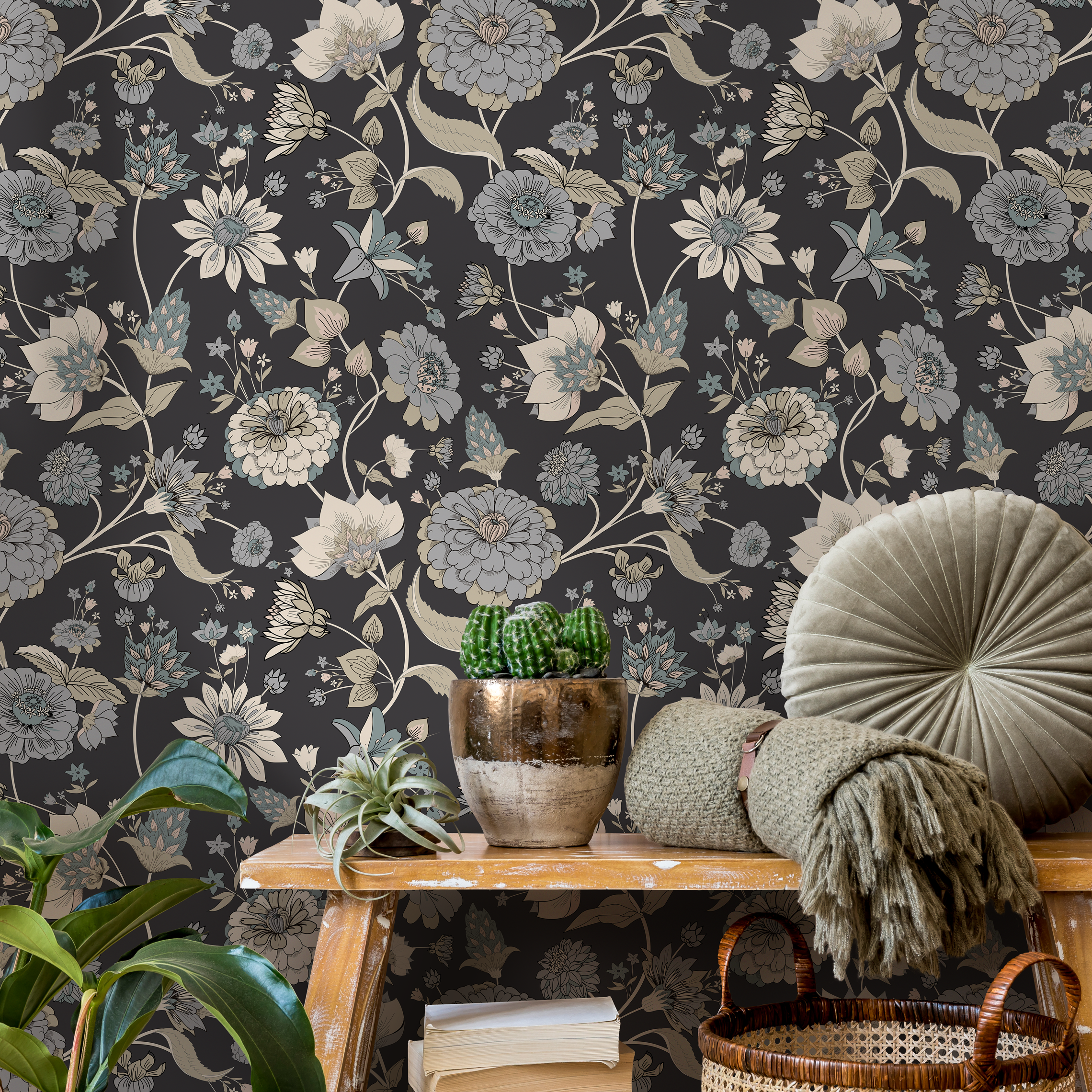 Floral Wallpaper With A Vintage Botanical Motif In Blue, Beige, And Teal - C329