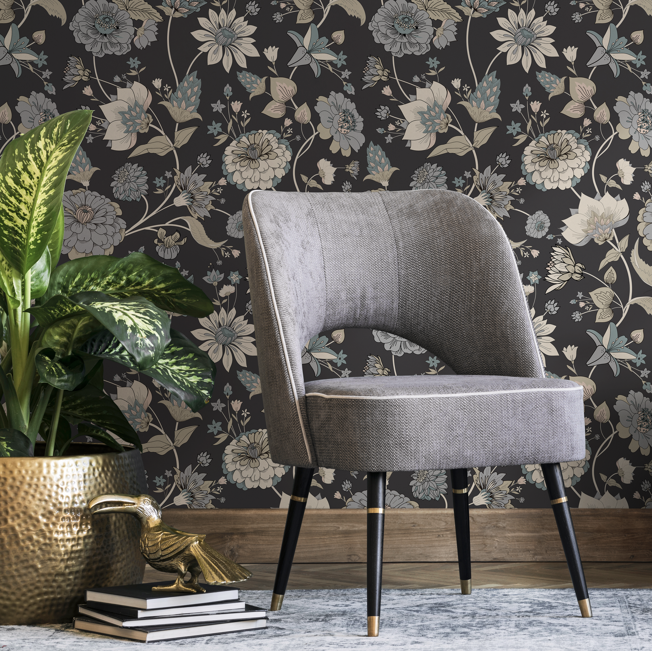 Floral Wallpaper With A Vintage Botanical Motif In Blue, Beige, And Teal - C329