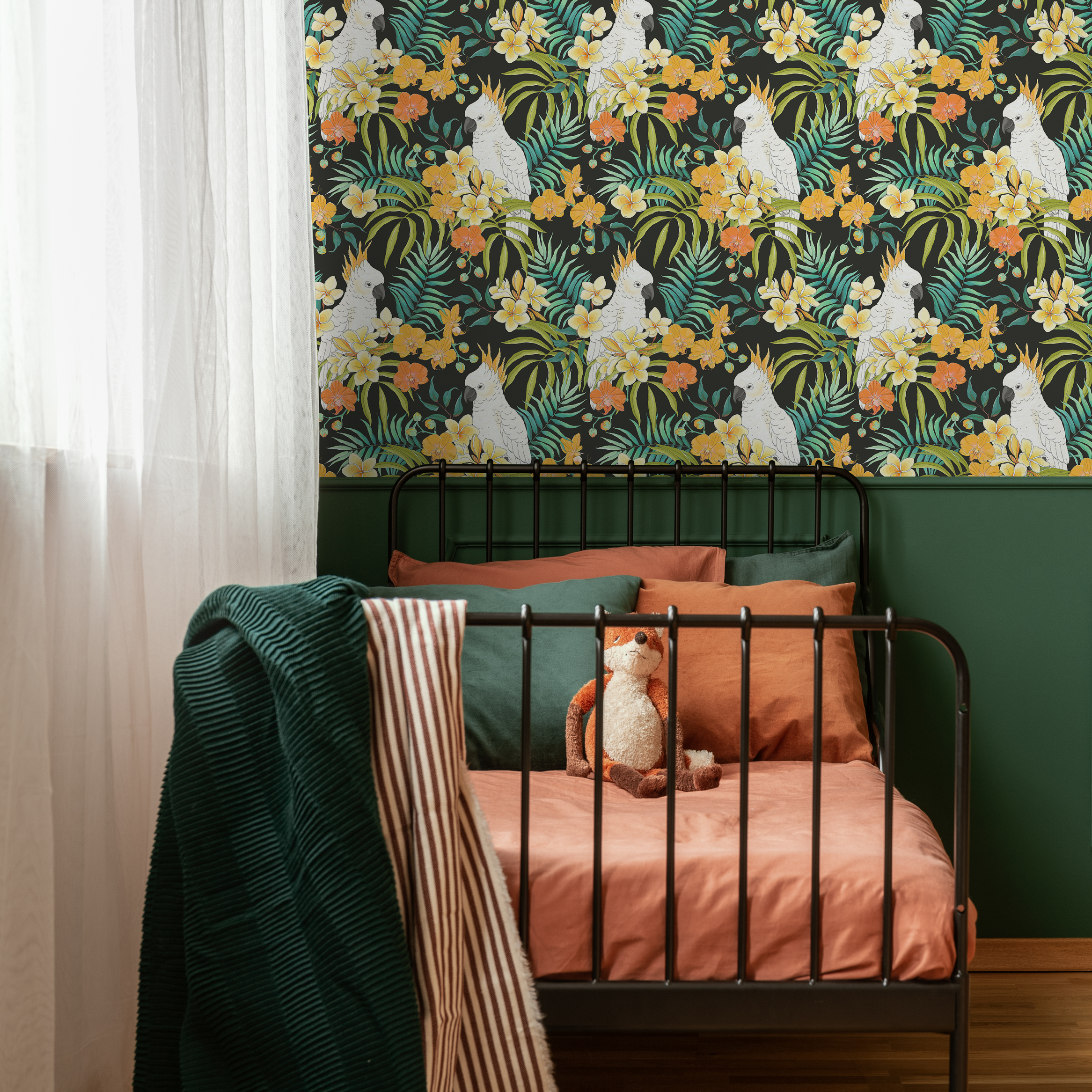 Tropical Animal Wallpaper With Cockatoos And Palm Leaves In Black, Yellow, And Green - C330