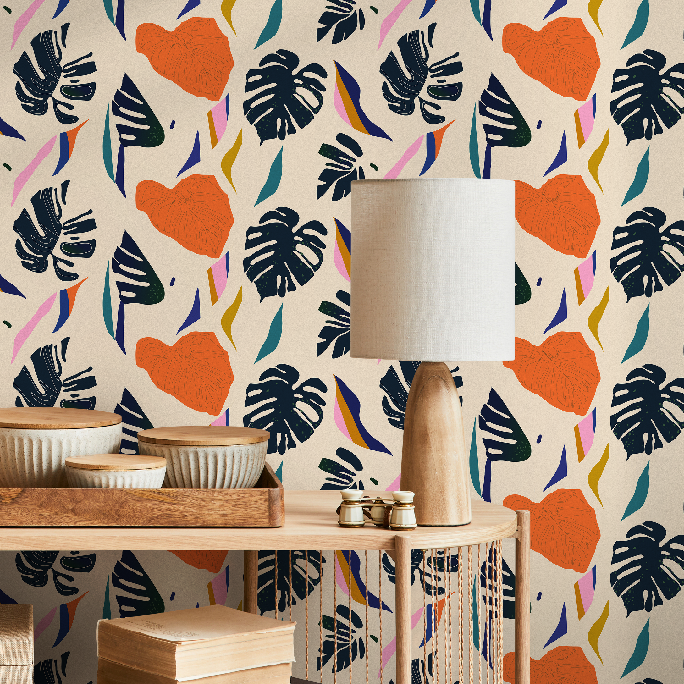 Botanical Wallpaper With Abstract Monstera Leaves In Dark Blue, Orange, And Teal - C332