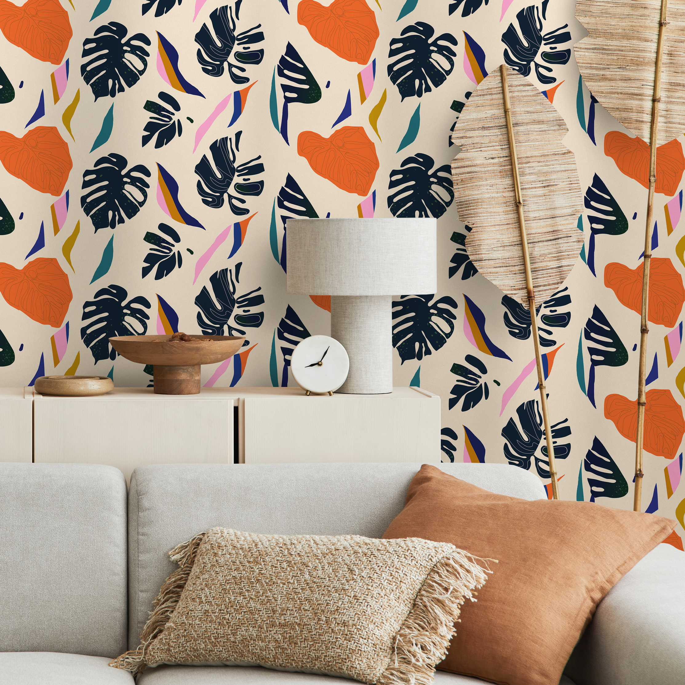 Botanical Wallpaper With Abstract Monstera Leaves In Dark Blue, Orange, And Teal - C332