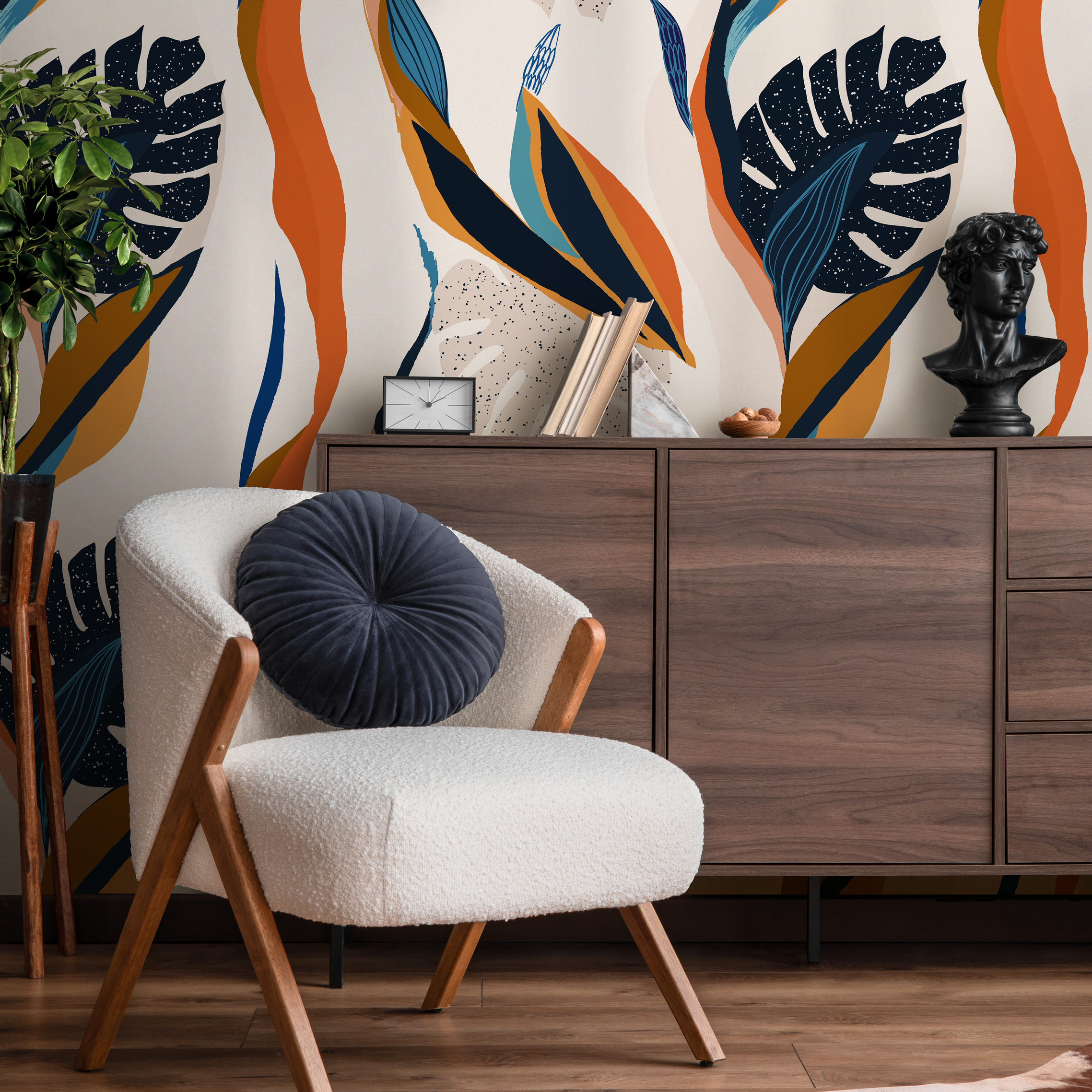 Abstract Wallpaper With A Botanical Motif In Orange, Navy, And Blue - C333