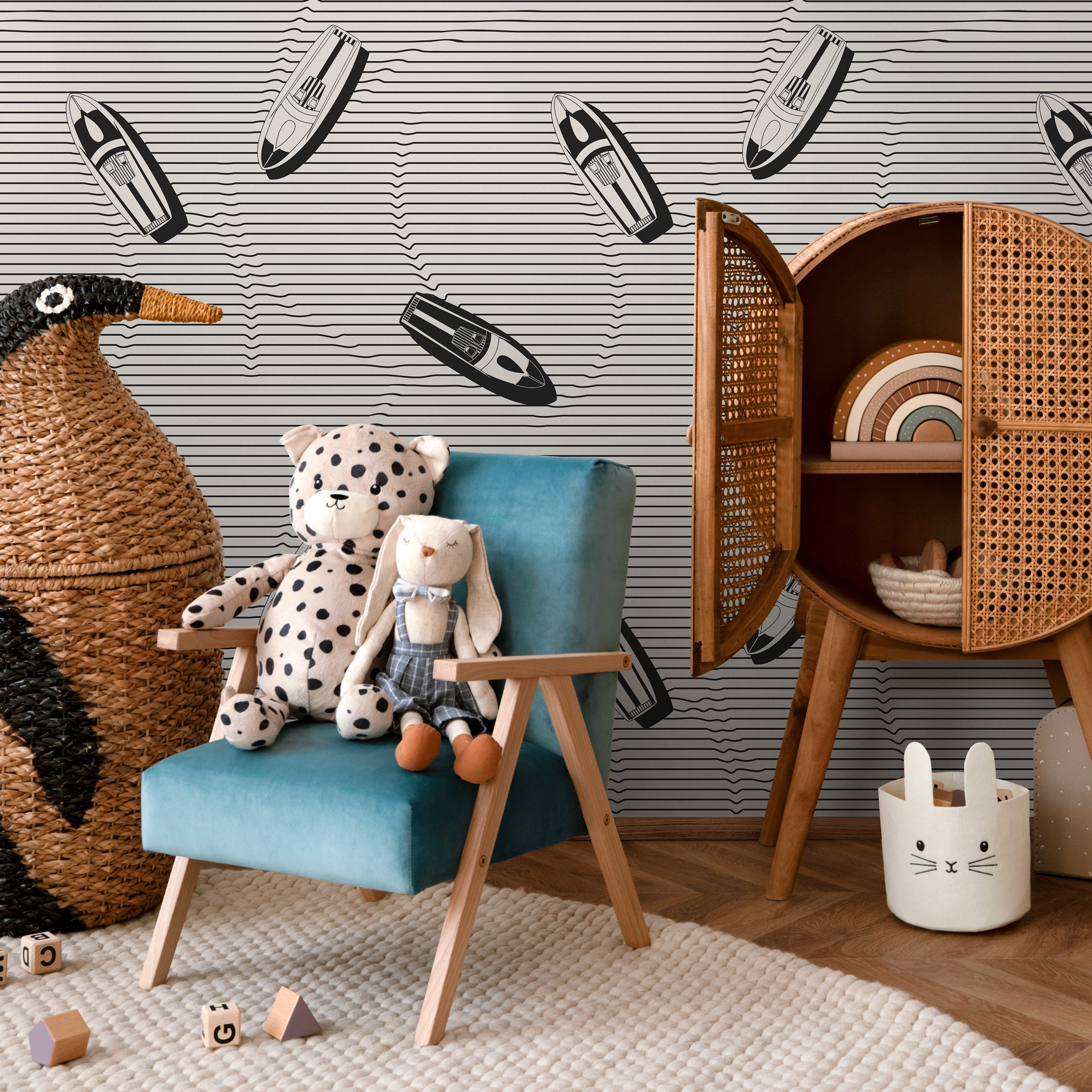 Nautical Wallpaper With Speedboats And Wavy Lines In Black And White - C334