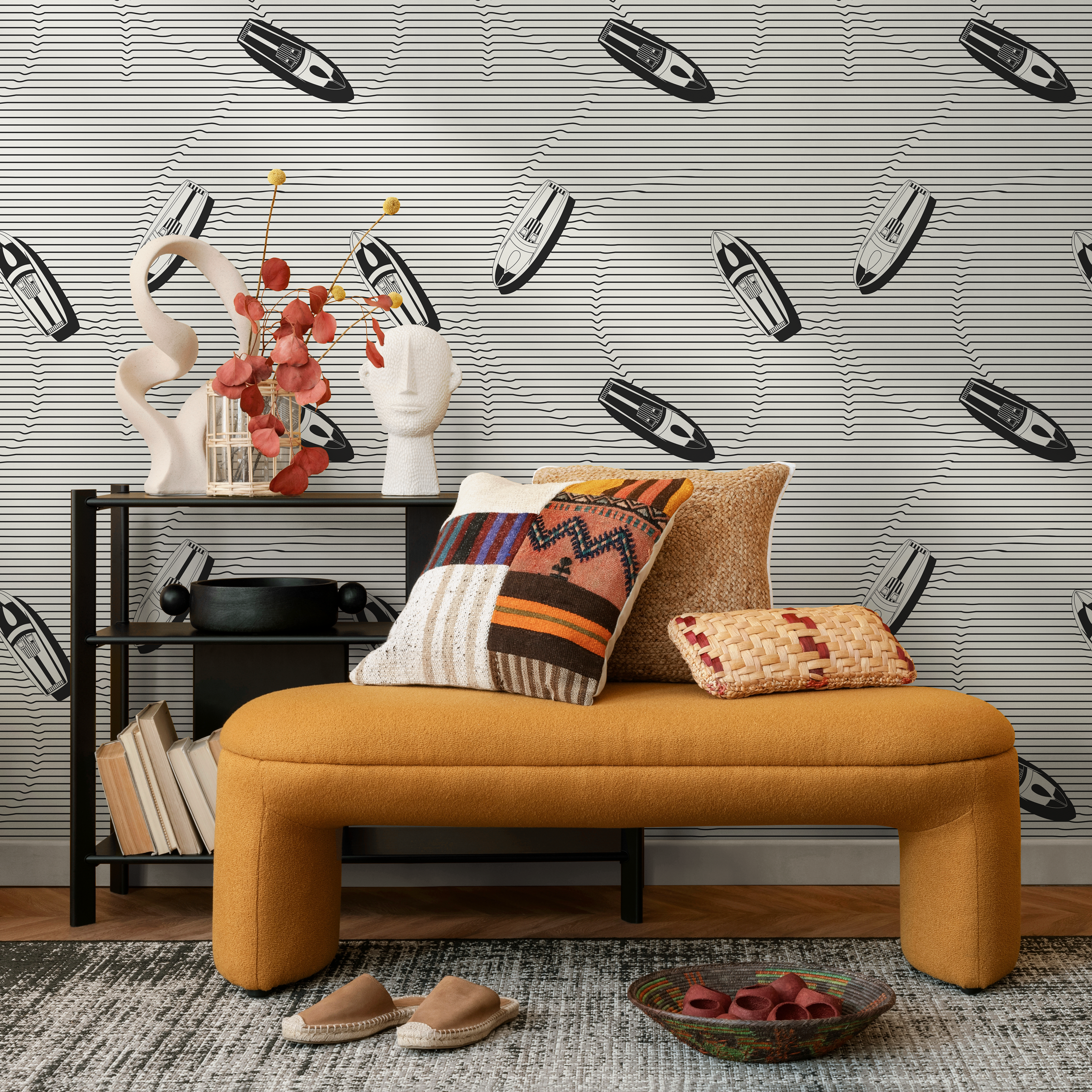 Nautical Wallpaper With Speedboats And Wavy Lines In Black And White - C334