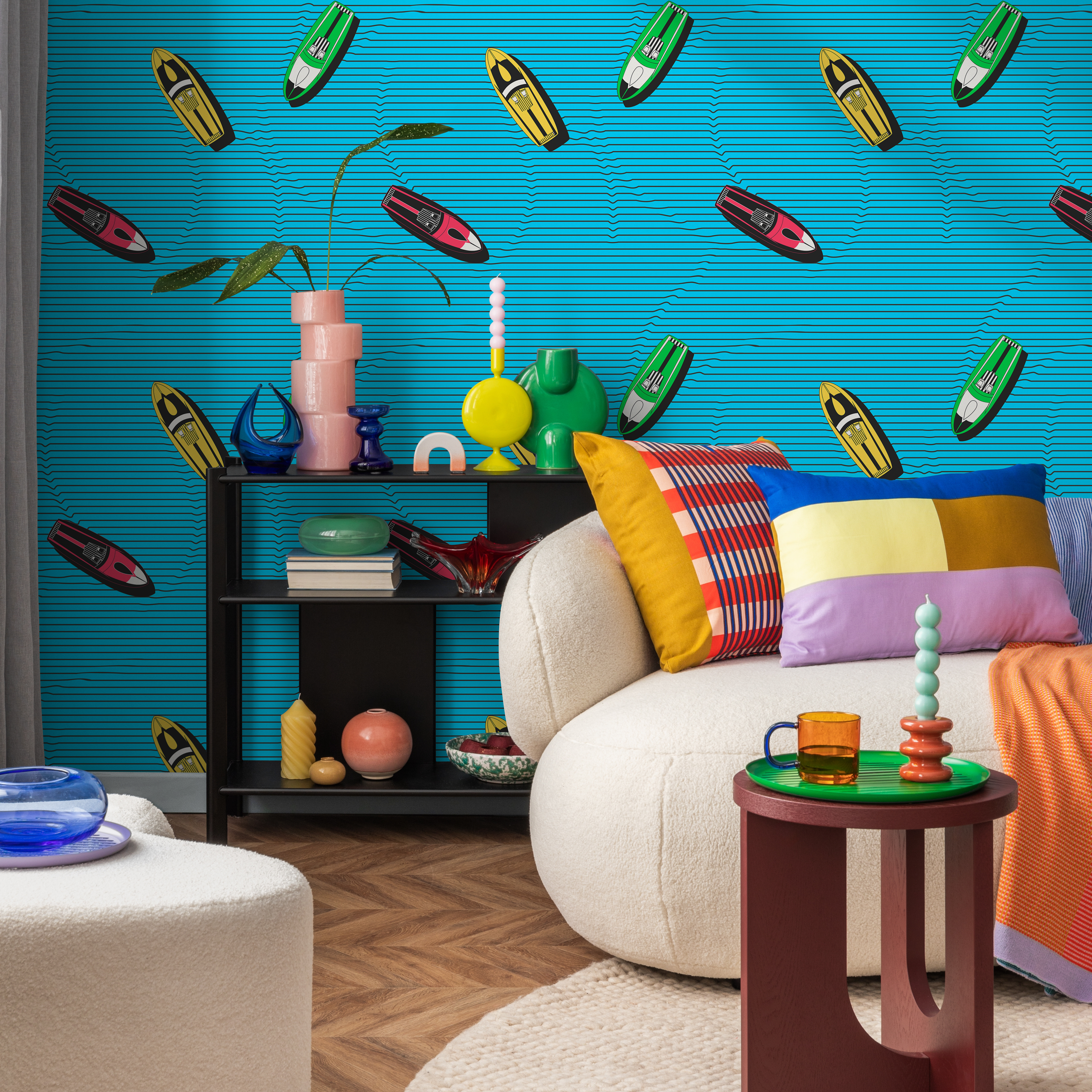 Retro Wallpaper With A Colorful Jet Ski Motif In Blue, Pink, And Green - C335