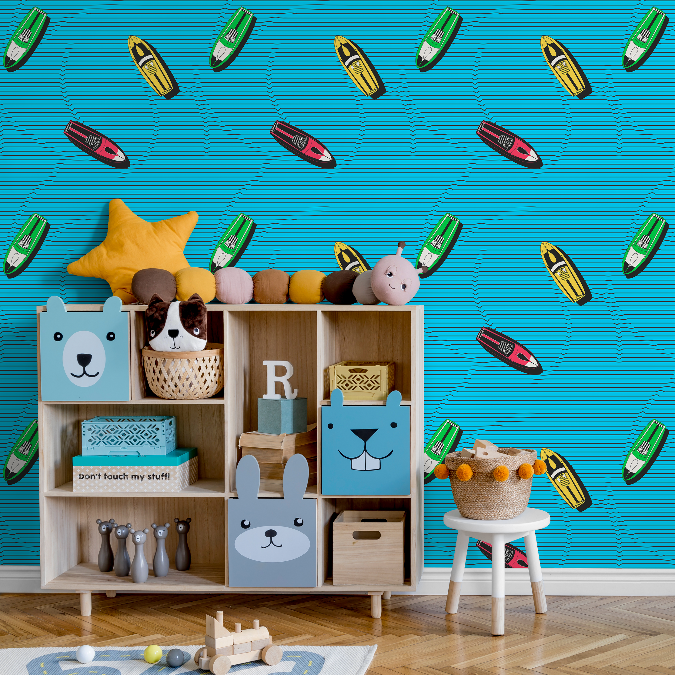 Retro Wallpaper With A Colorful Jet Ski Motif In Blue, Pink, And Green - C335