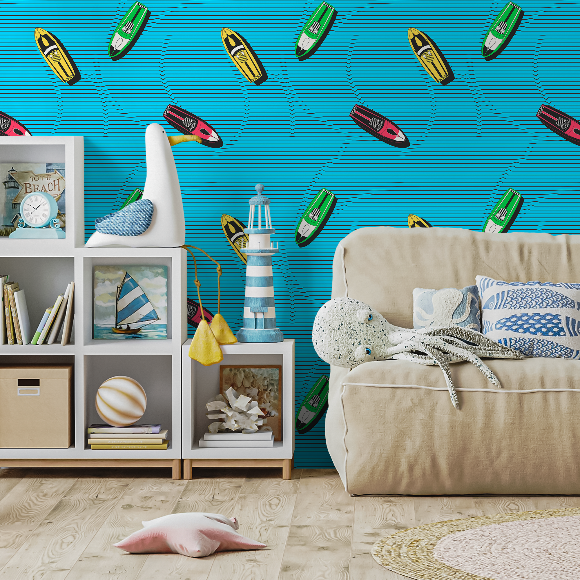 Retro Wallpaper With A Colorful Jet Ski Motif In Blue, Pink, And Green - C335