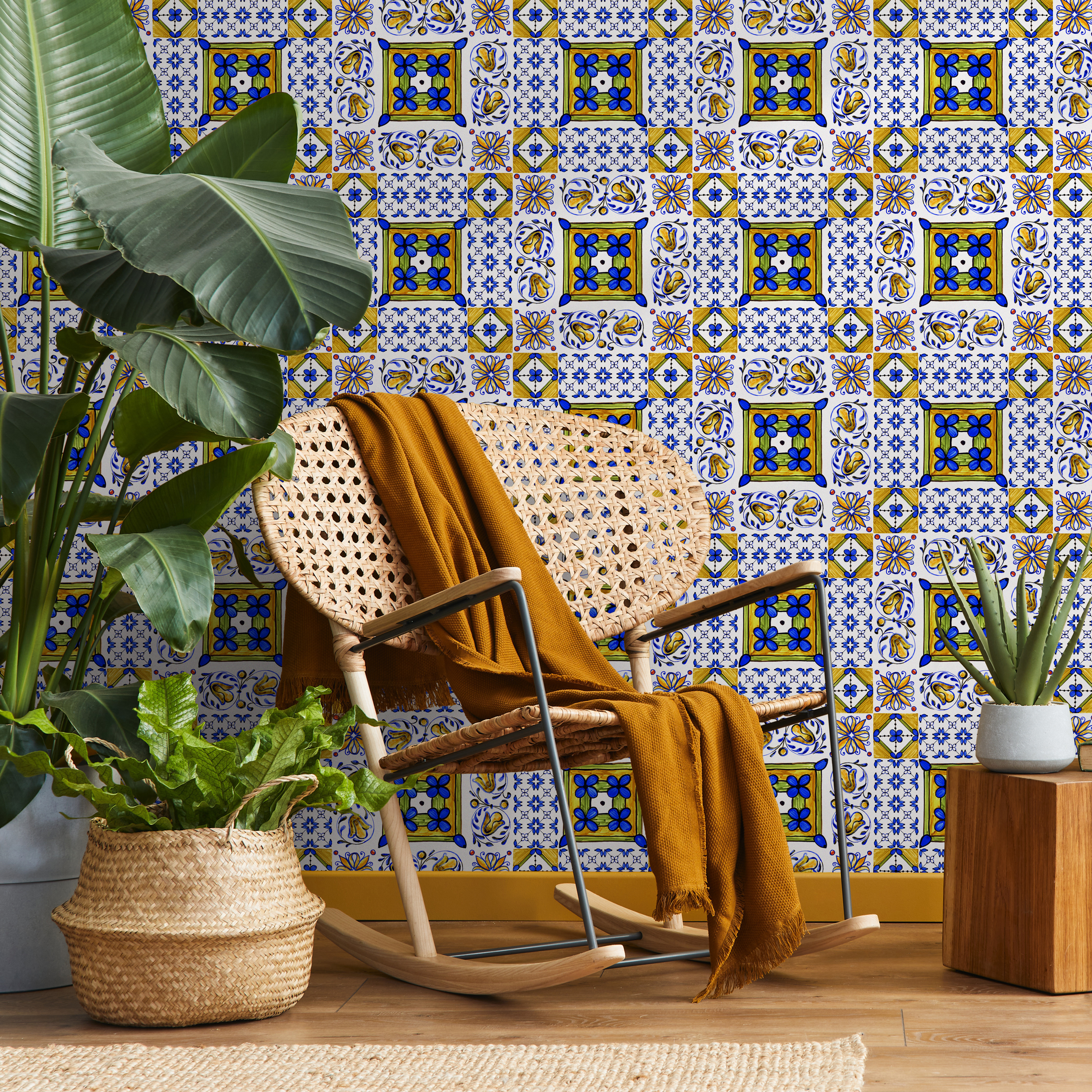 Tile Wallpaper With A Portuguese Azulejo Motif In Blue, Yellow, And Green - C339