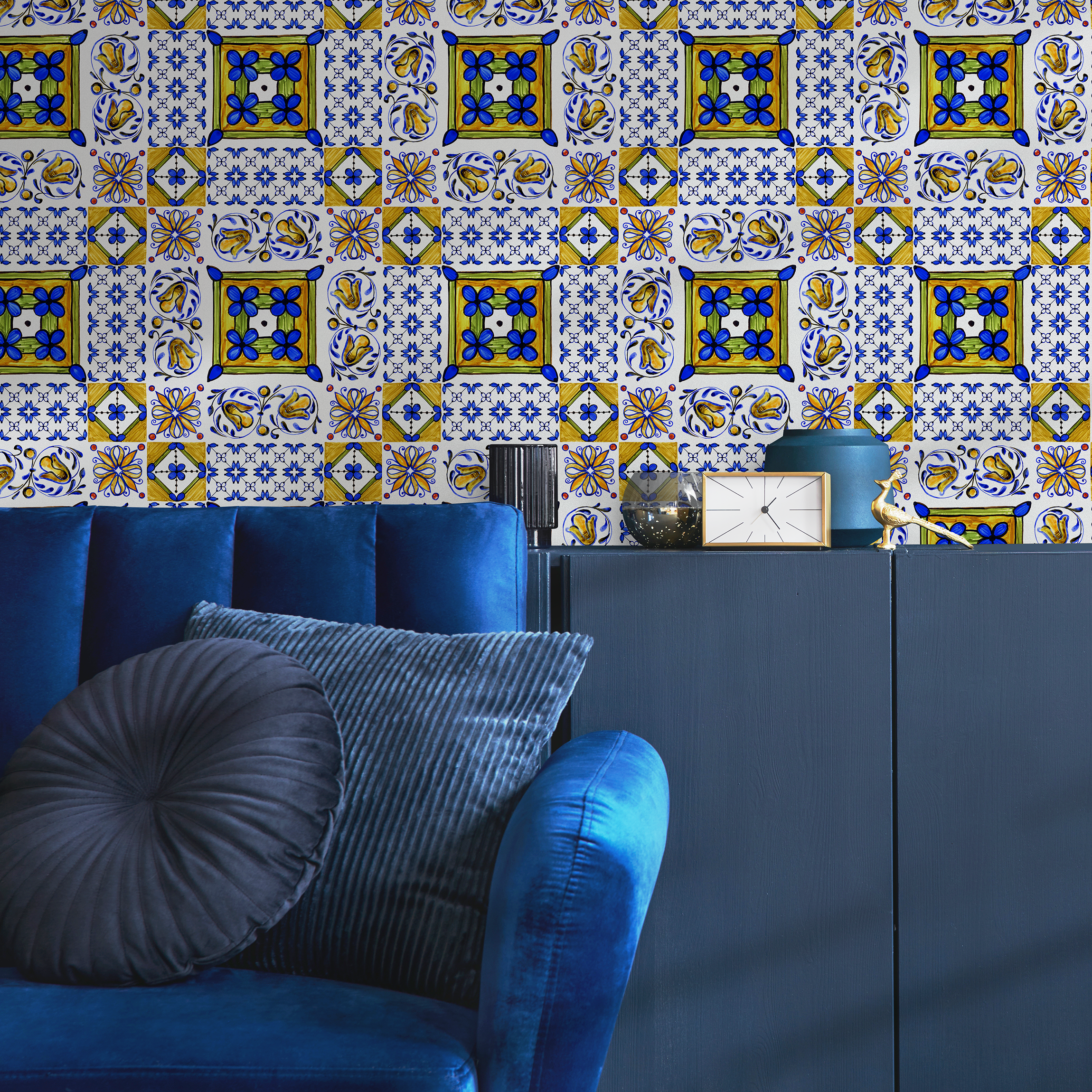 Tile Wallpaper With A Portuguese Azulejo Motif In Blue, Yellow, And Green - C339