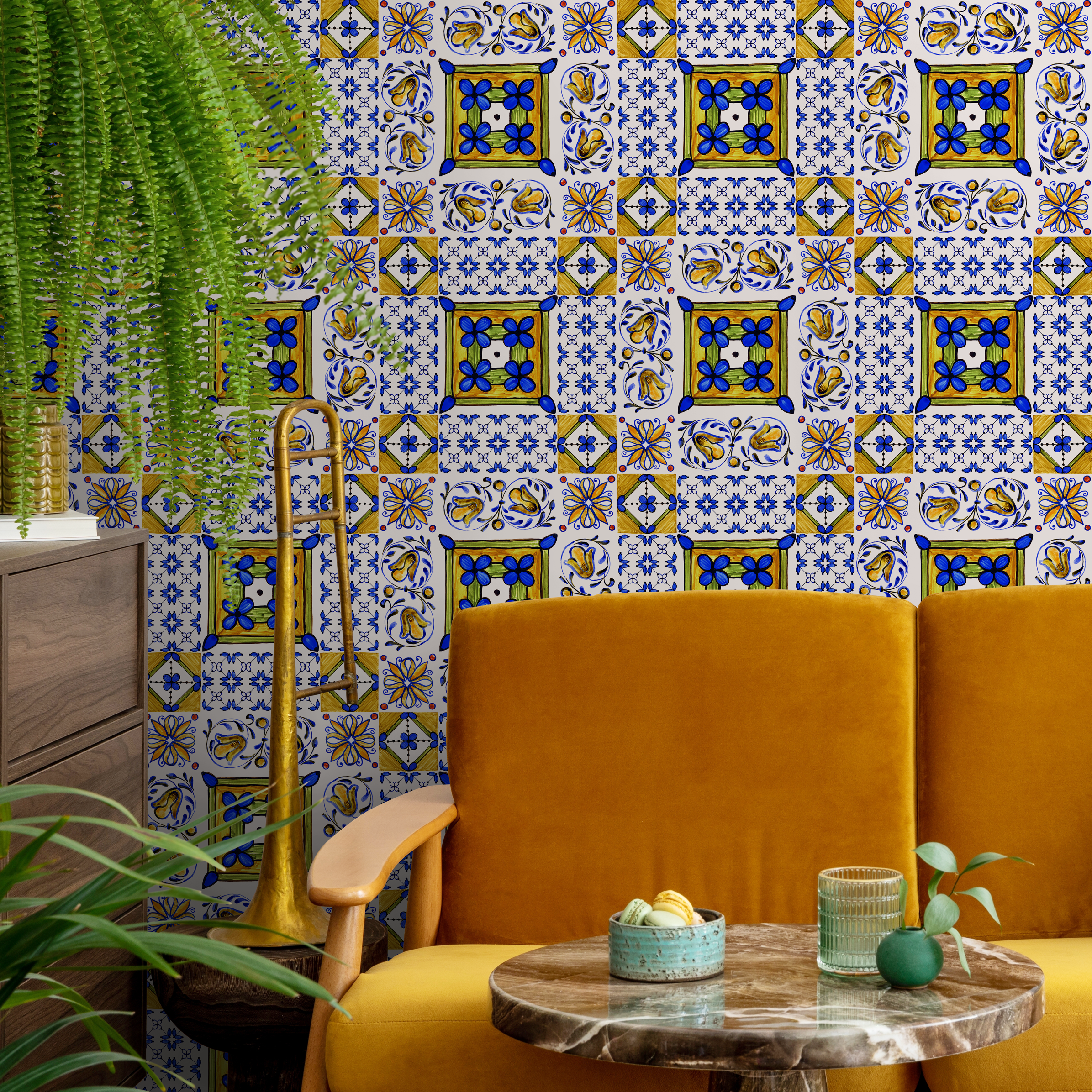 Tile Wallpaper With A Portuguese Azulejo Motif In Blue, Yellow, And Green - C339