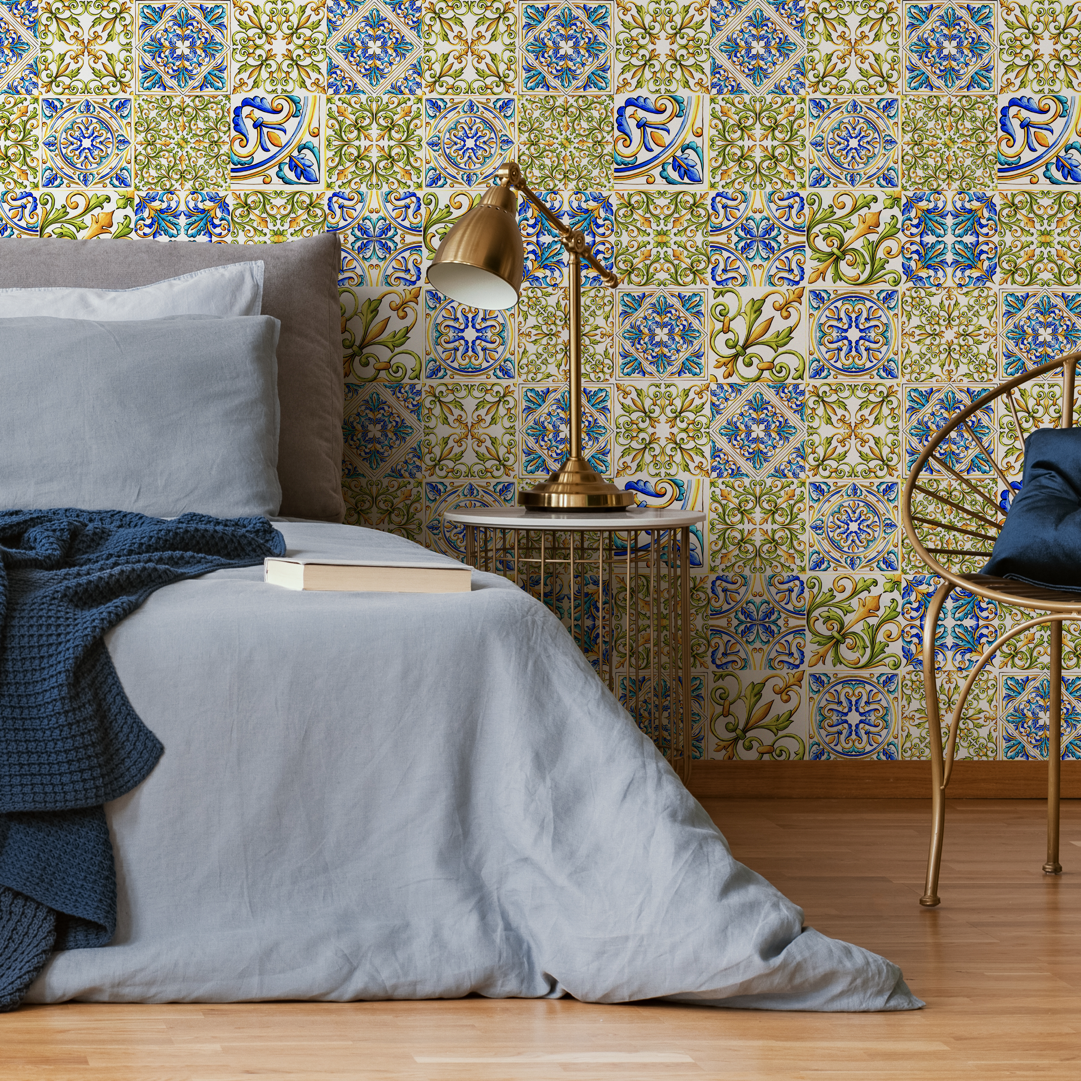 Tile Wallpaper With A Mediterranean Arabesque Motif In Blue, Green, And Yellow - C340