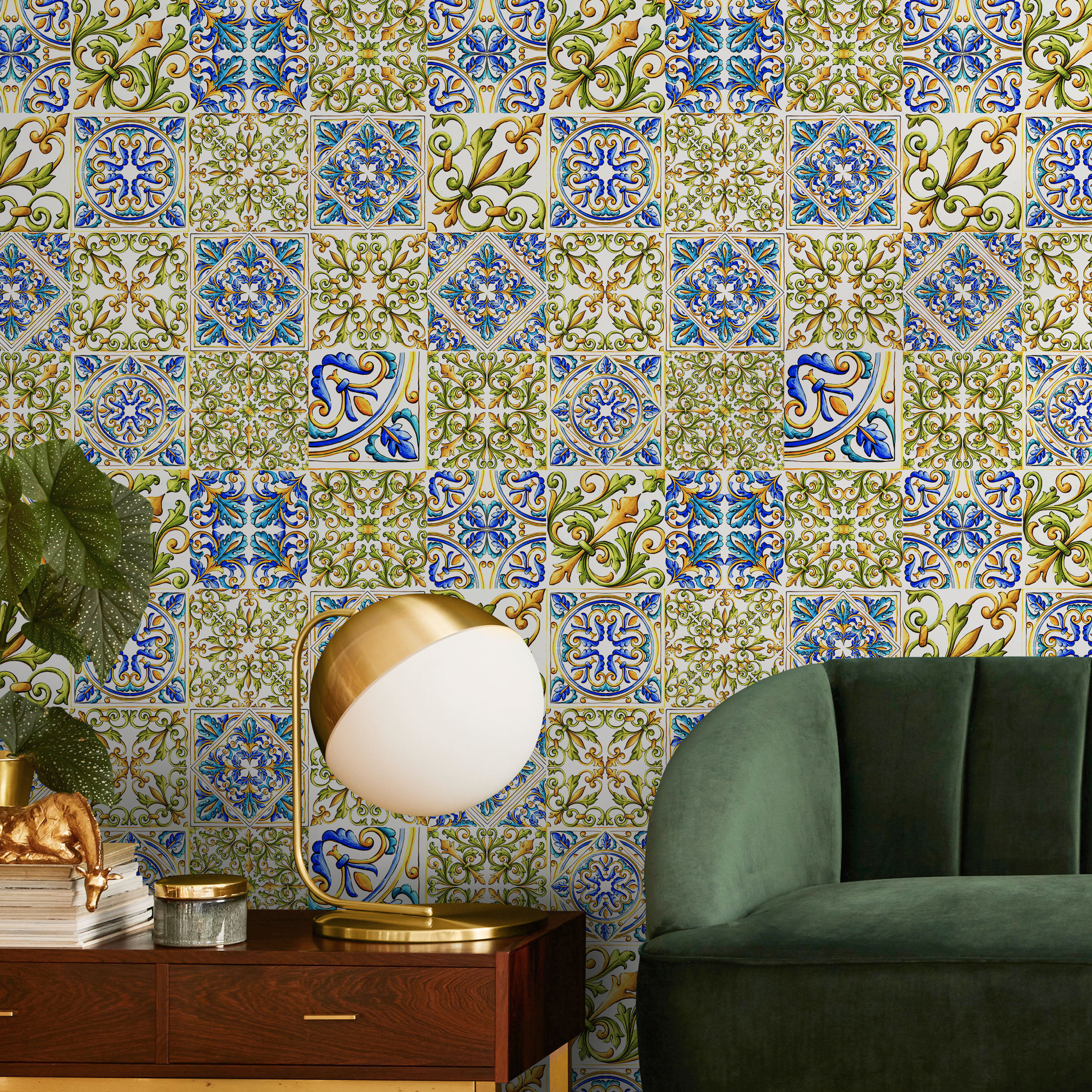 Tile Wallpaper With A Mediterranean Arabesque Motif In Blue, Green, And Yellow - C340