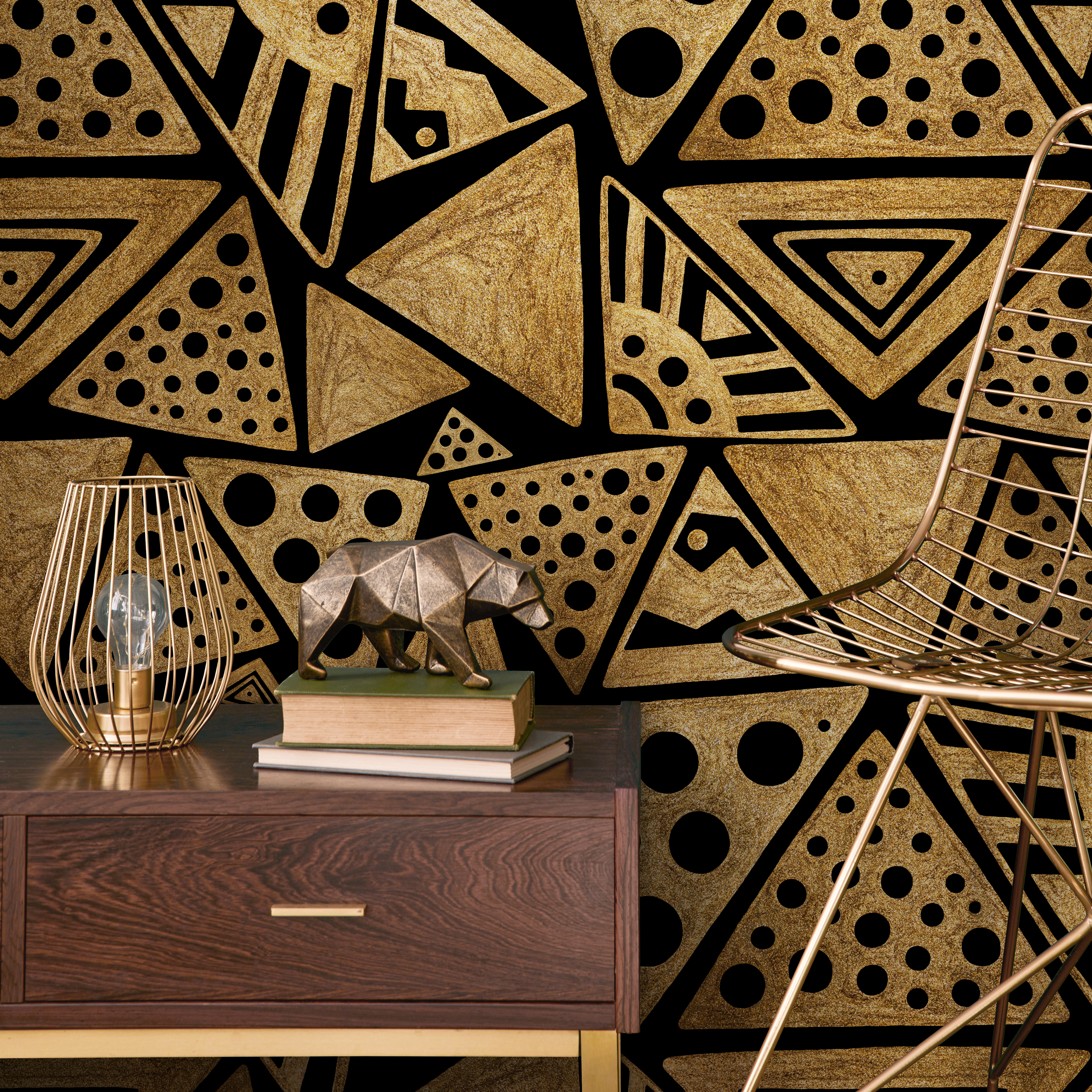 Tribal Wallpaper With A Sketched Triangle Motif In Gold And Black - C341