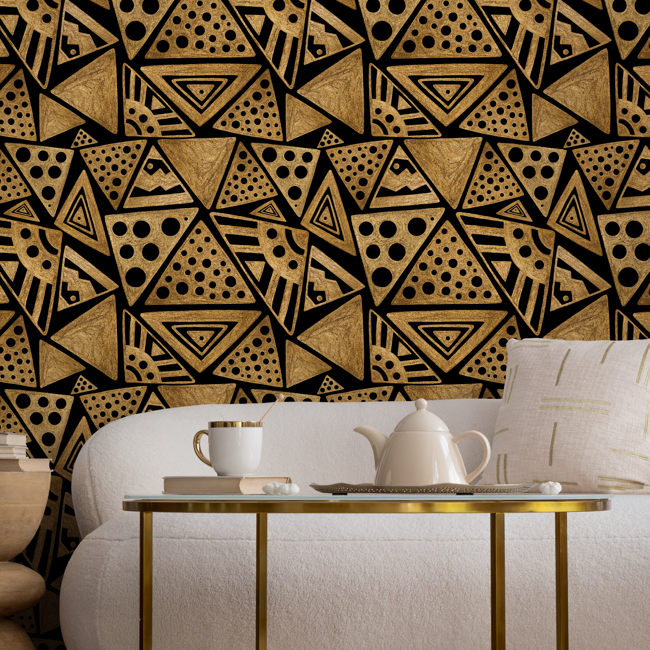 Tribal Wallpaper With A Sketched Triangle Motif In Gold And Black - C341