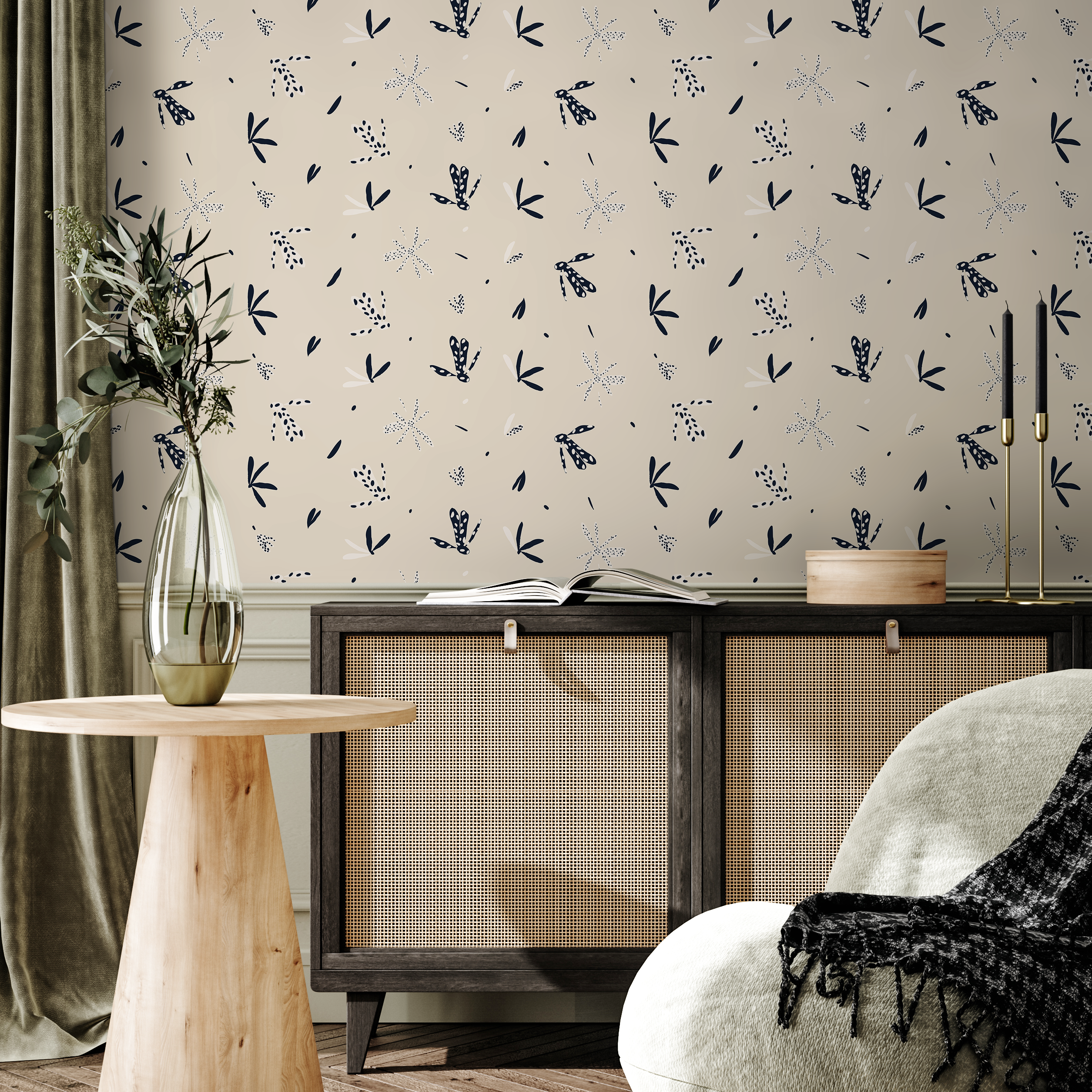 Minimalist Wallpaper With Abstract Botanical Motifs In Black And Cream - C344