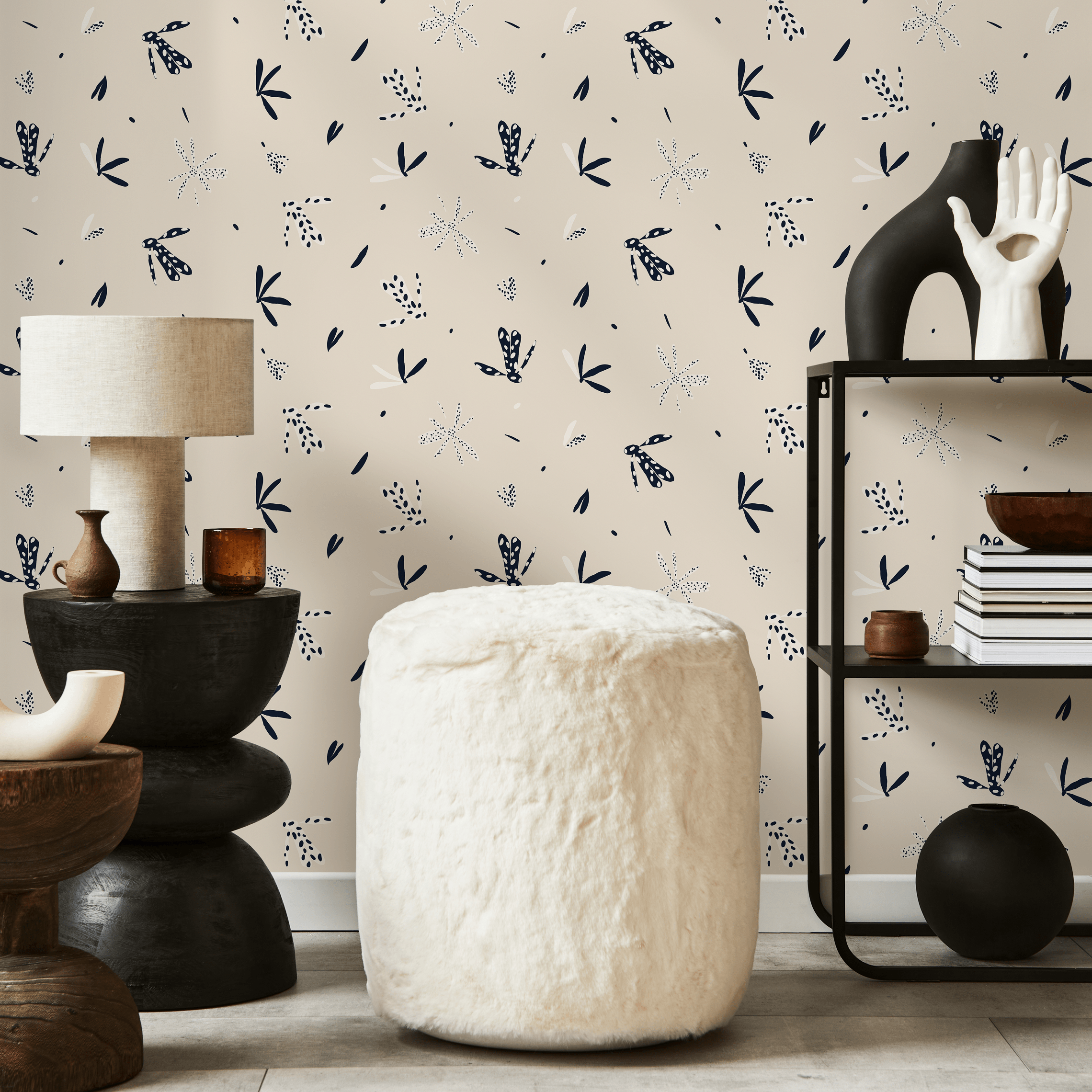 Minimalist Wallpaper With Abstract Botanical Motifs In Black And Cream - C344