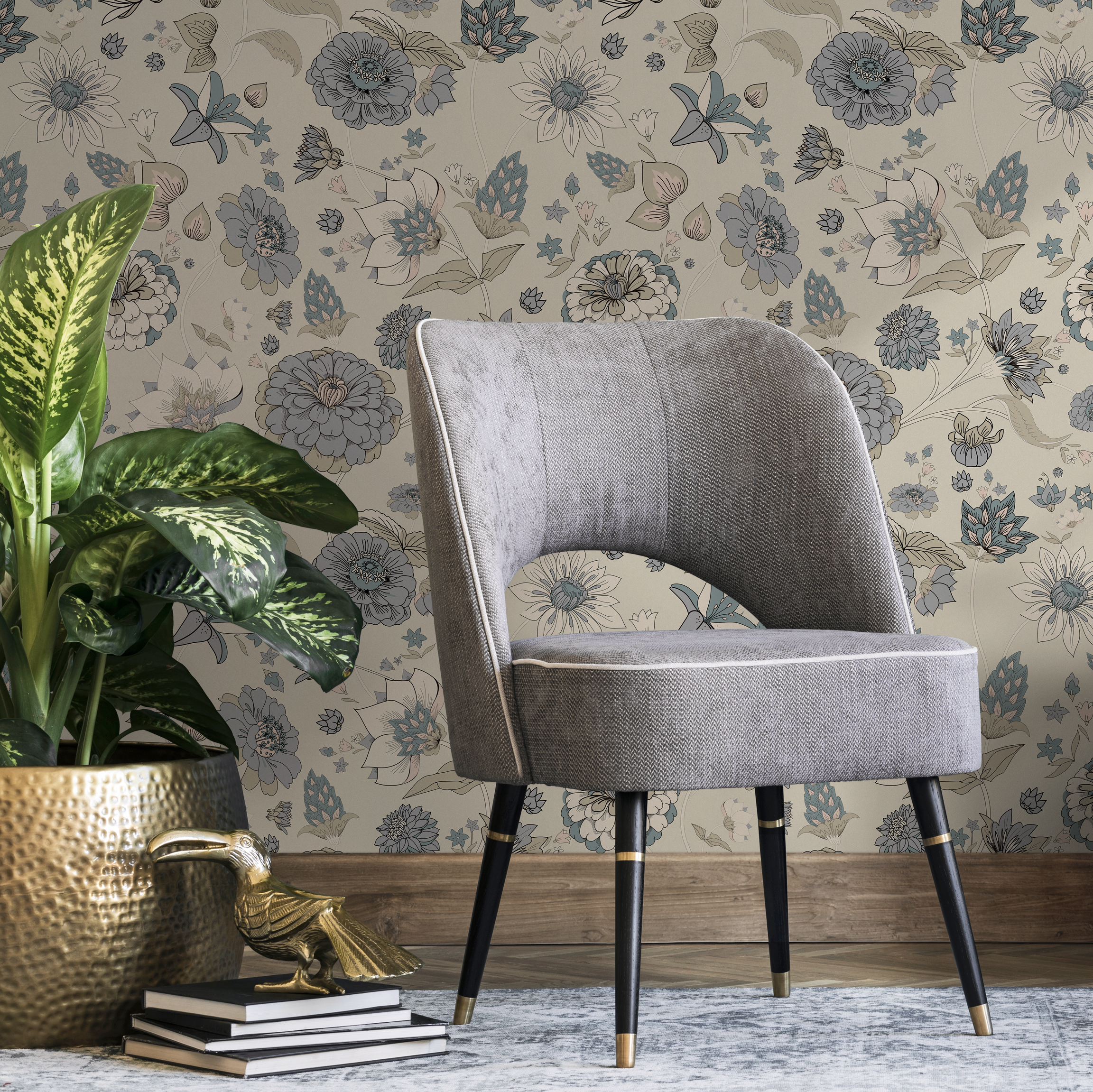 Floral Wallpaper With A Vintage Botanical Motif In Blue, Beige, And Cream - C345
