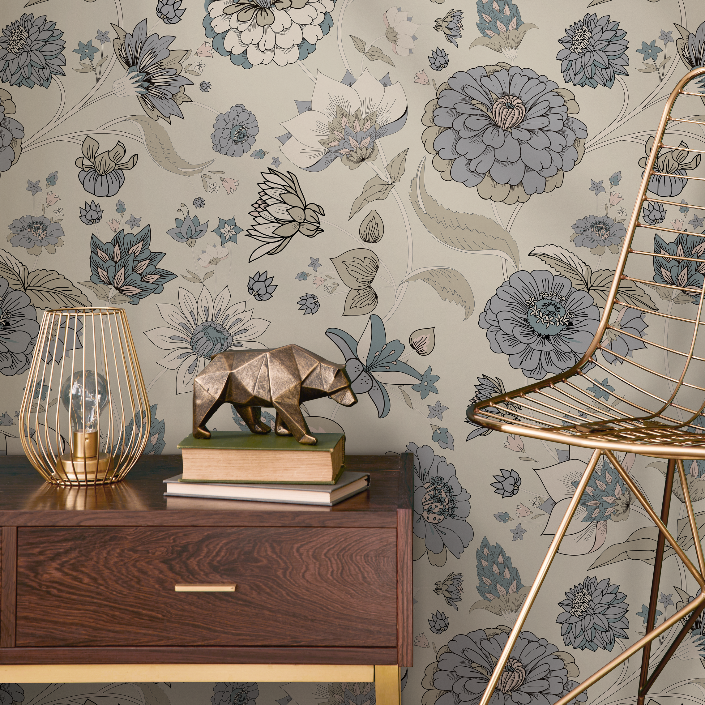 Floral Wallpaper With A Vintage Botanical Motif In Blue, Beige, And Cream - C345