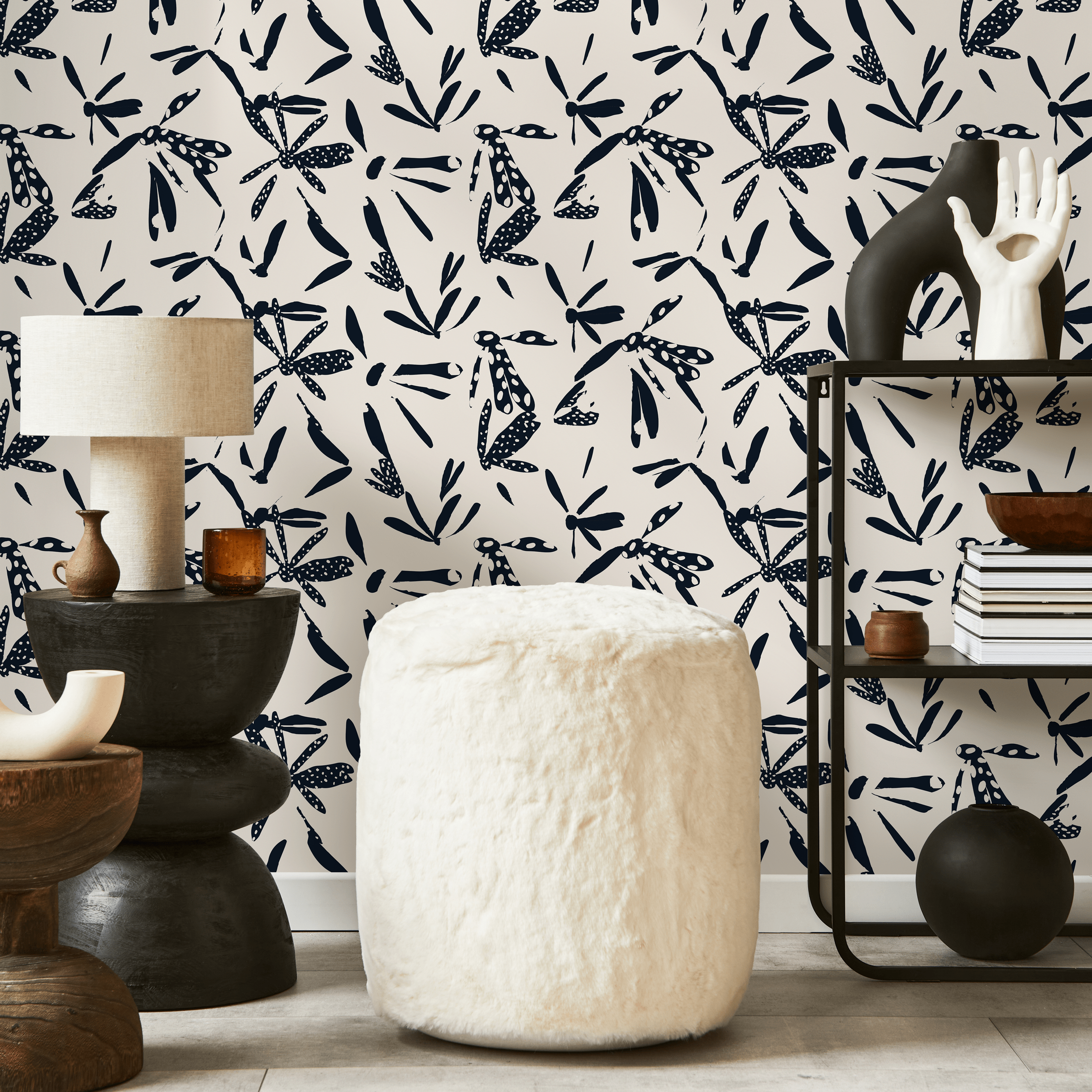 Abstract Wallpaper With Stylized Dragonflies In Navy And Cream - C348