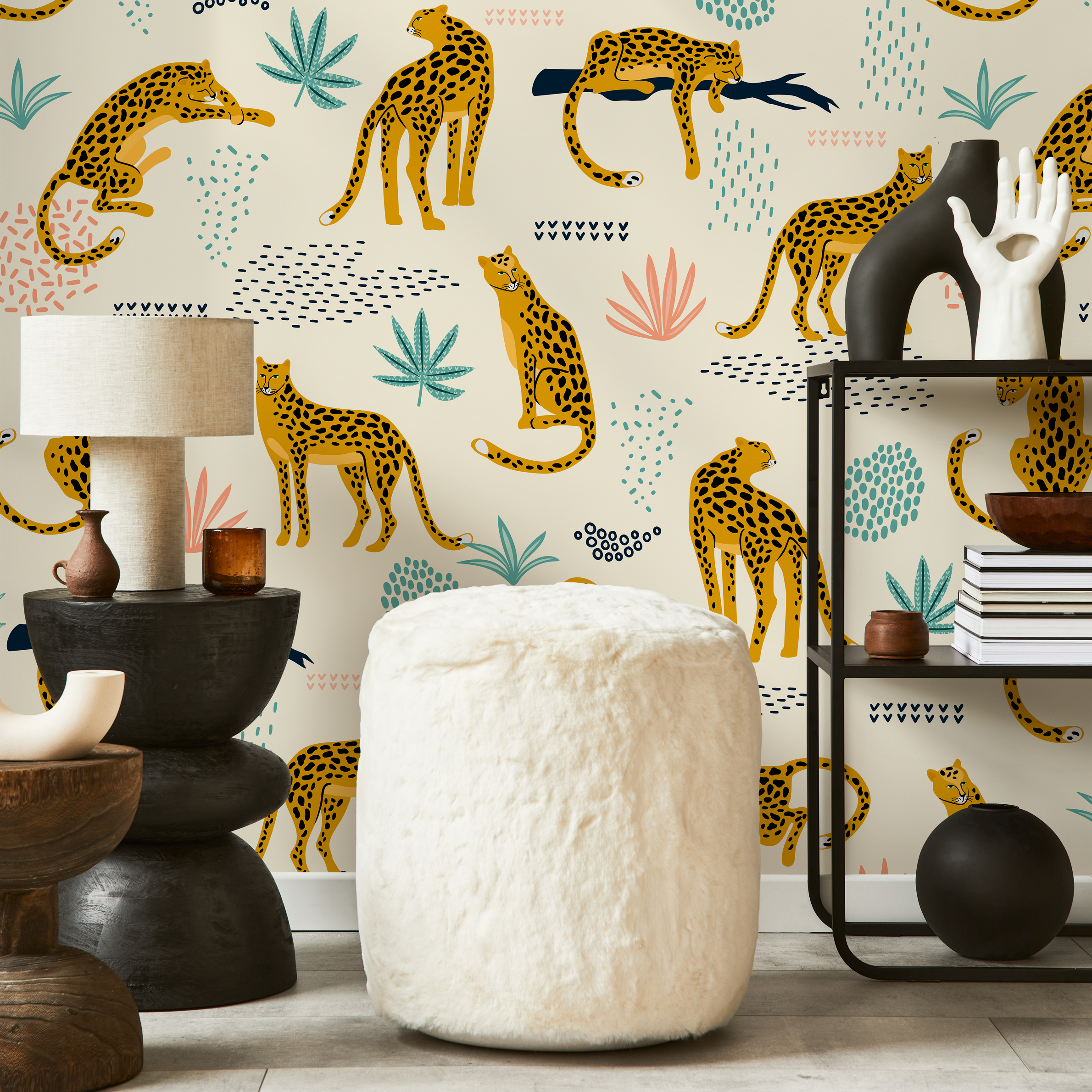 Tropical Wallpaper With Stylized Leopards In Yellow, Teal, And Pink - C350