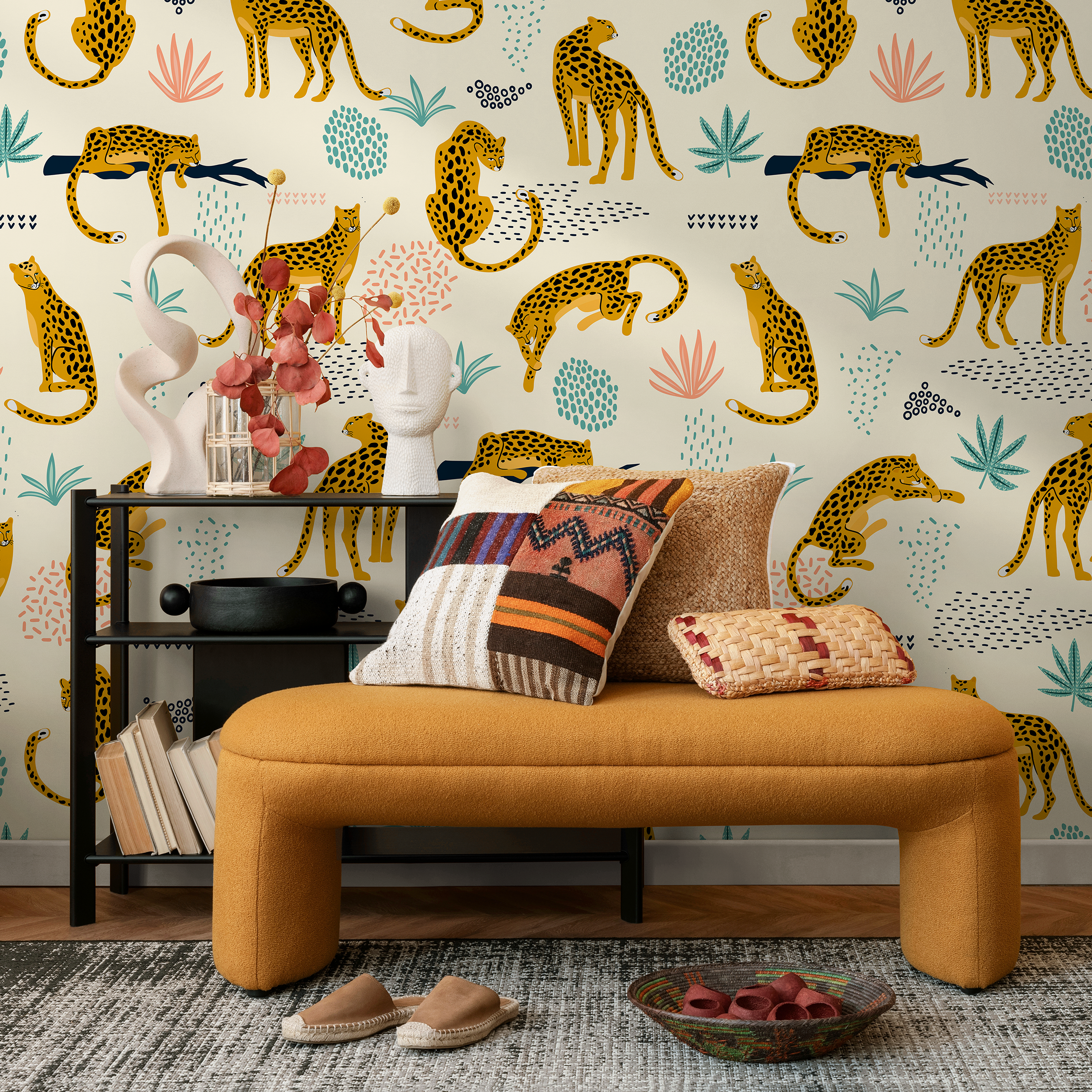 Tropical Wallpaper With Stylized Leopards In Yellow, Teal, And Pink - C350