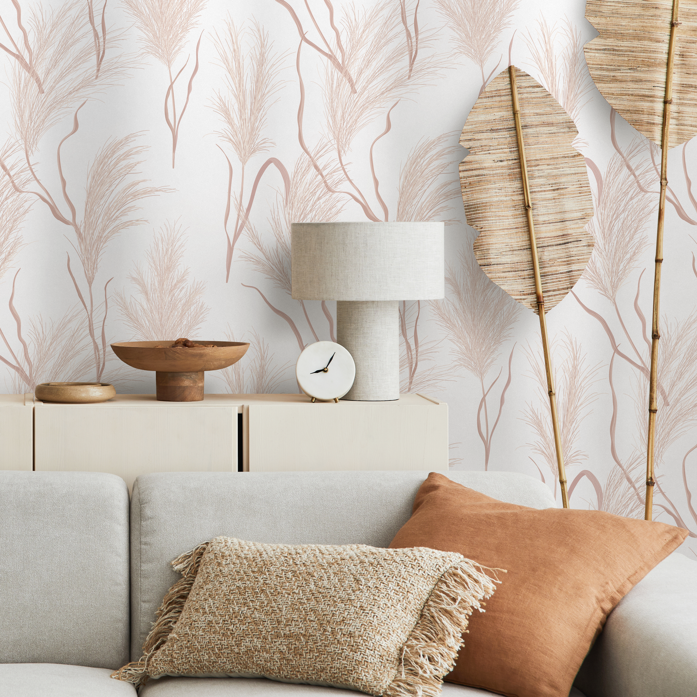 Botanical Wallpaper With Delicate Pampas Grass In Dusty Pink - C351