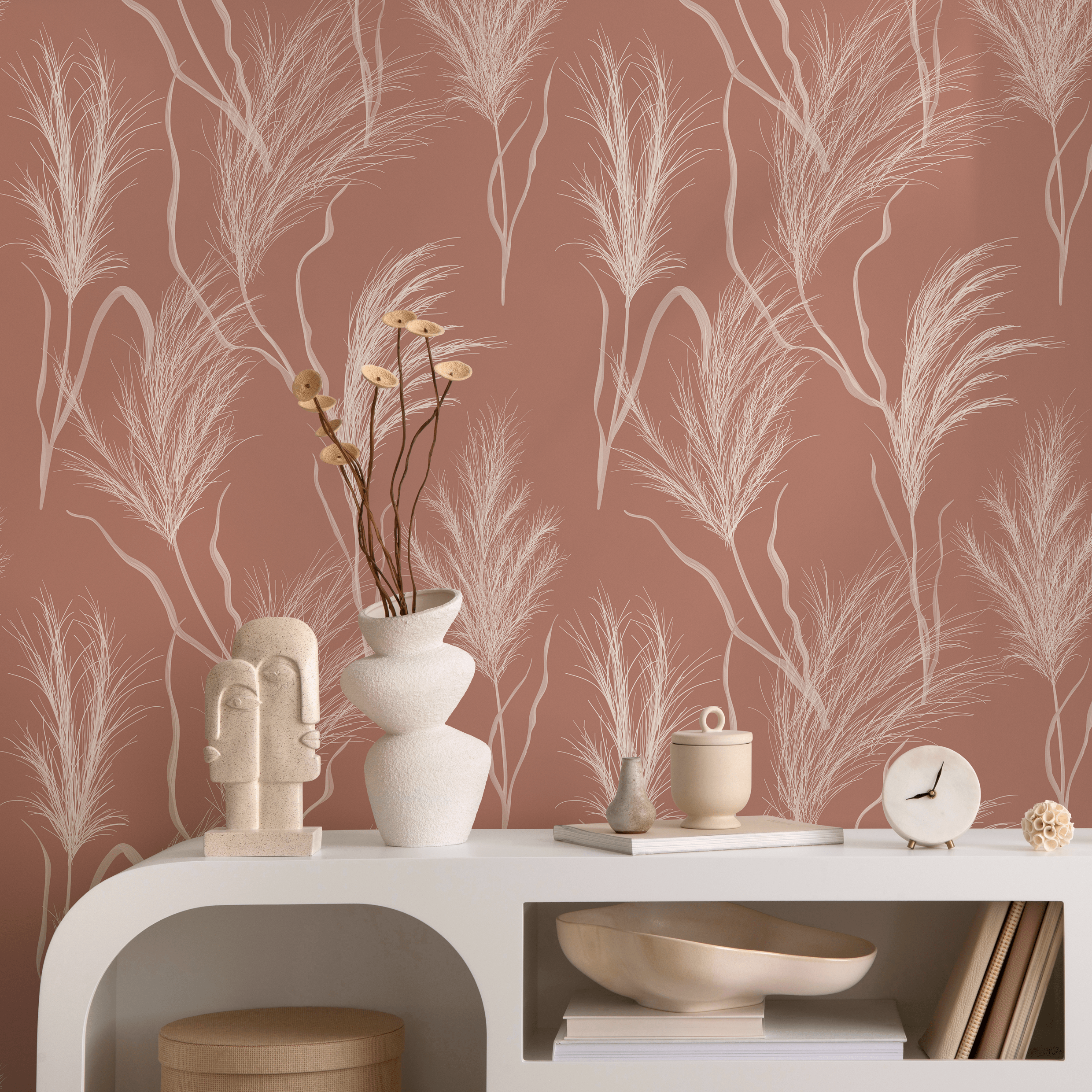 Botanical Wallpaper Featuring Pampas Grass In Terracotta And White - C352