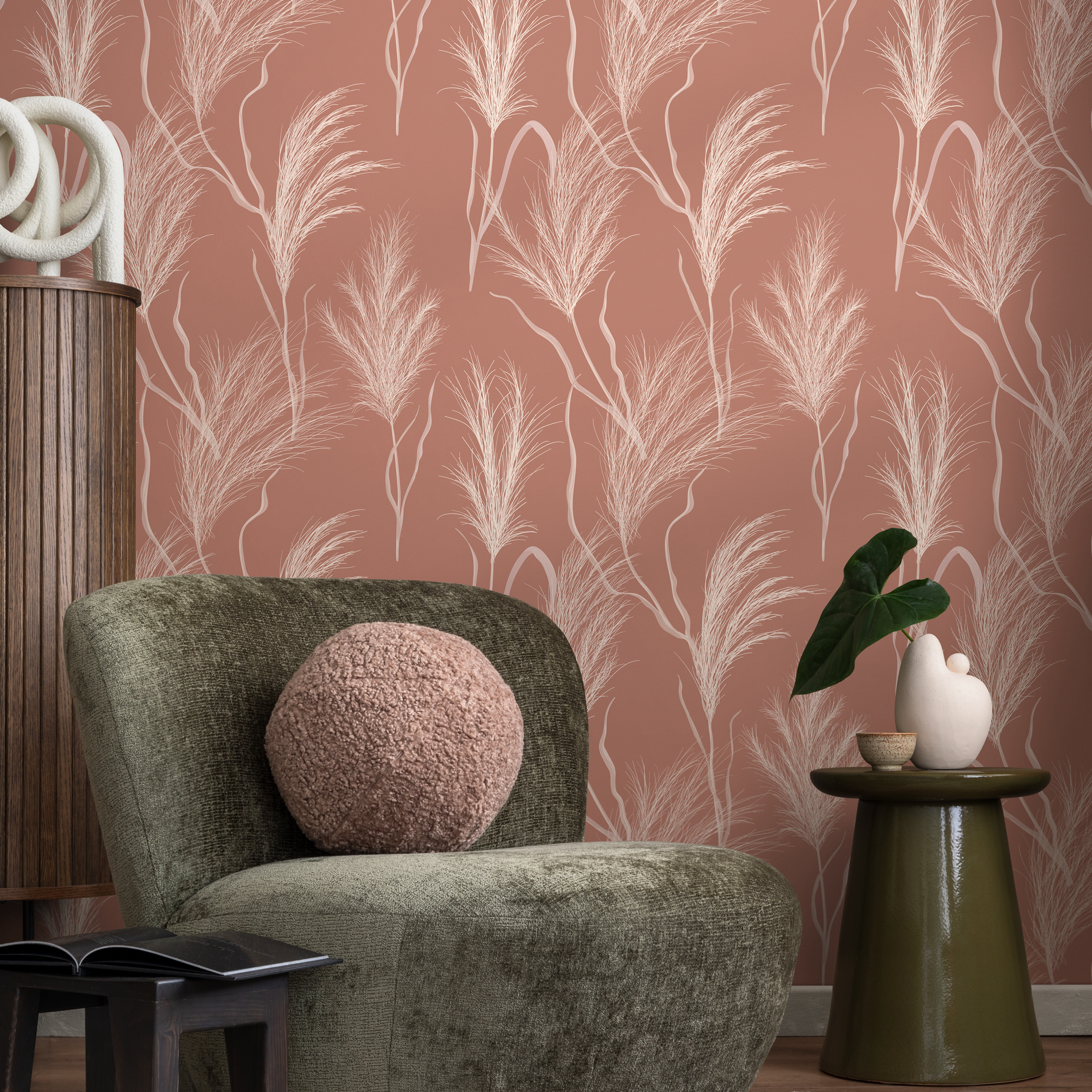 Botanical Wallpaper Featuring Pampas Grass In Terracotta And White - C352