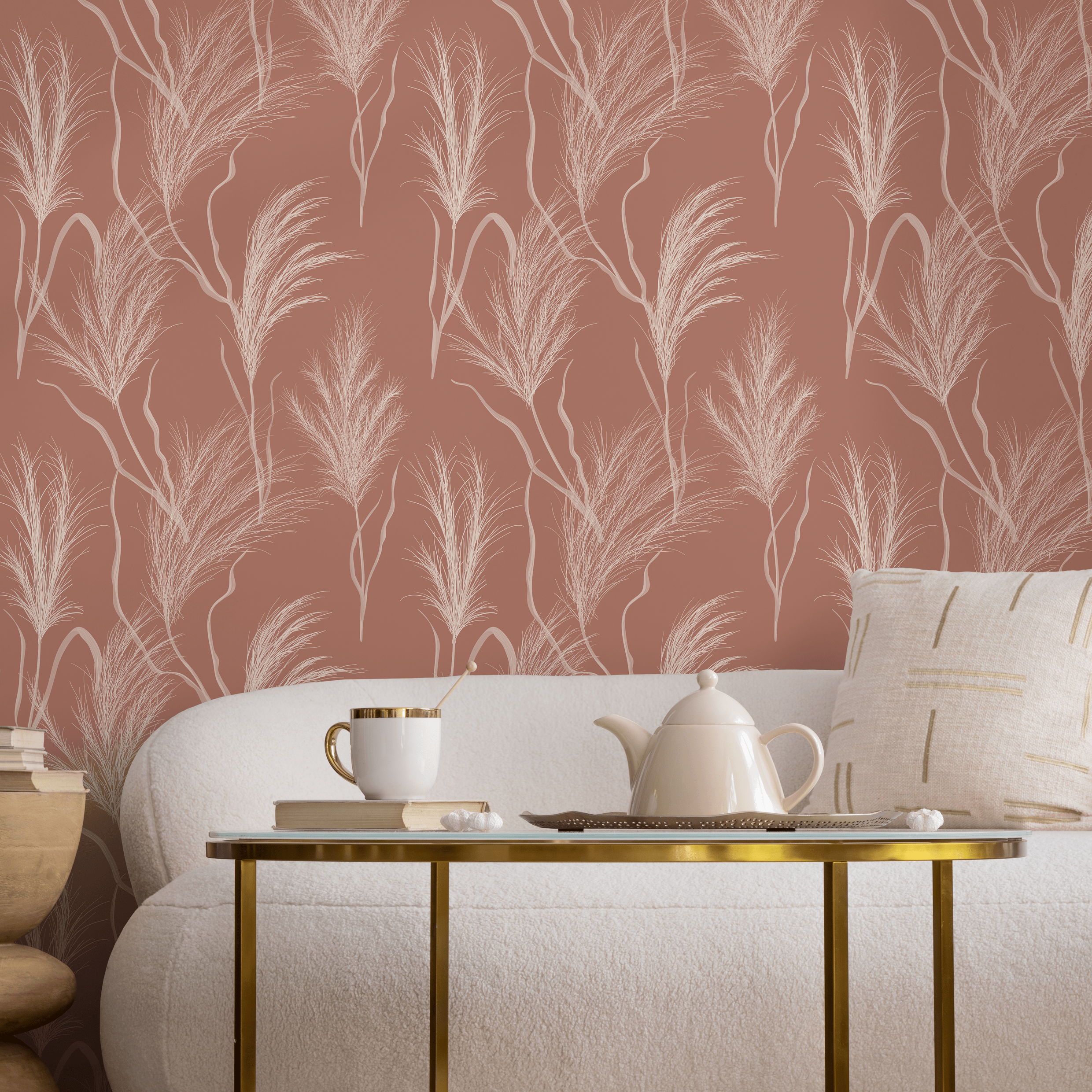 Botanical Wallpaper Featuring Pampas Grass In Terracotta And White - C352