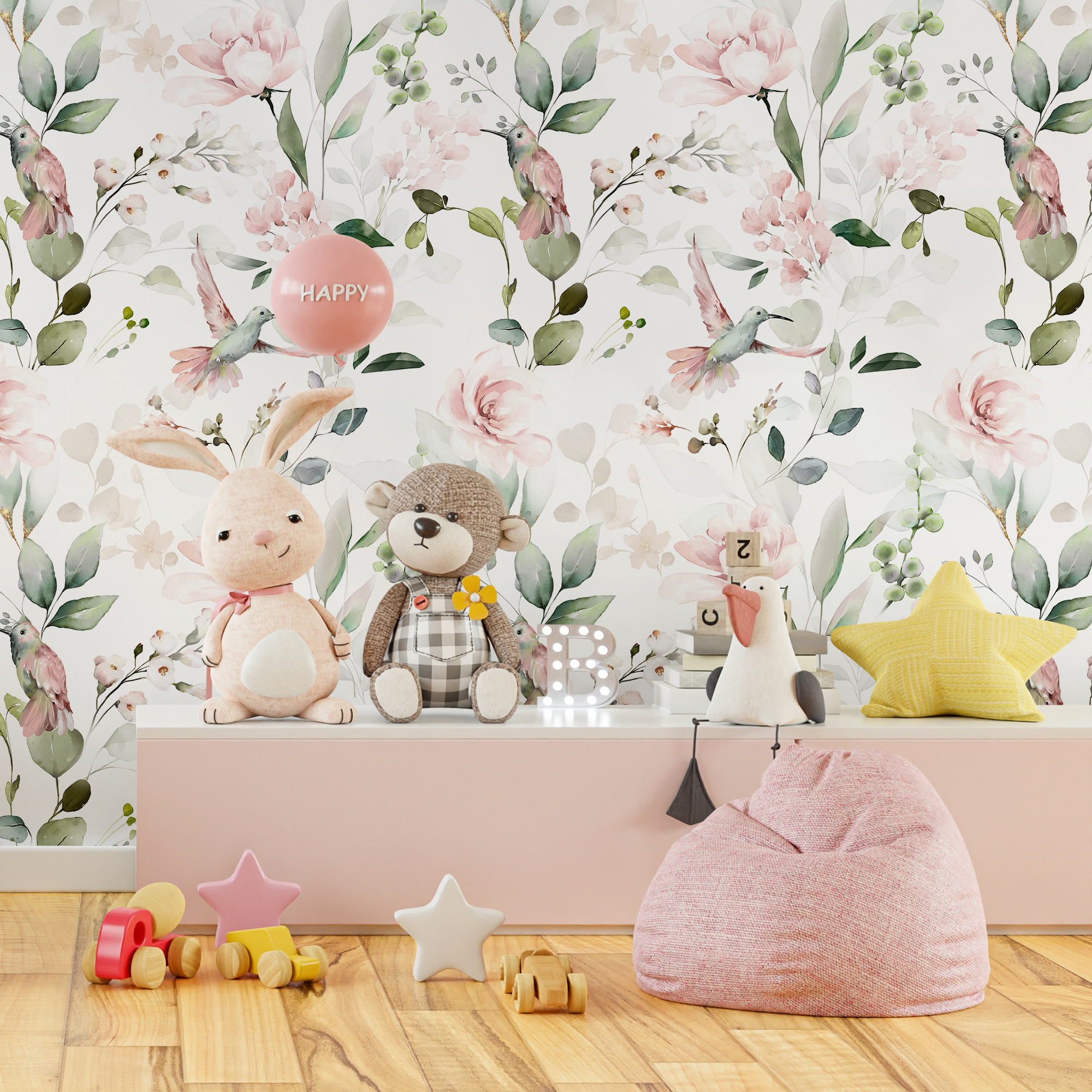 Animal Wallpaper With Hummingbirds And Flowers In Pink And Green - C353