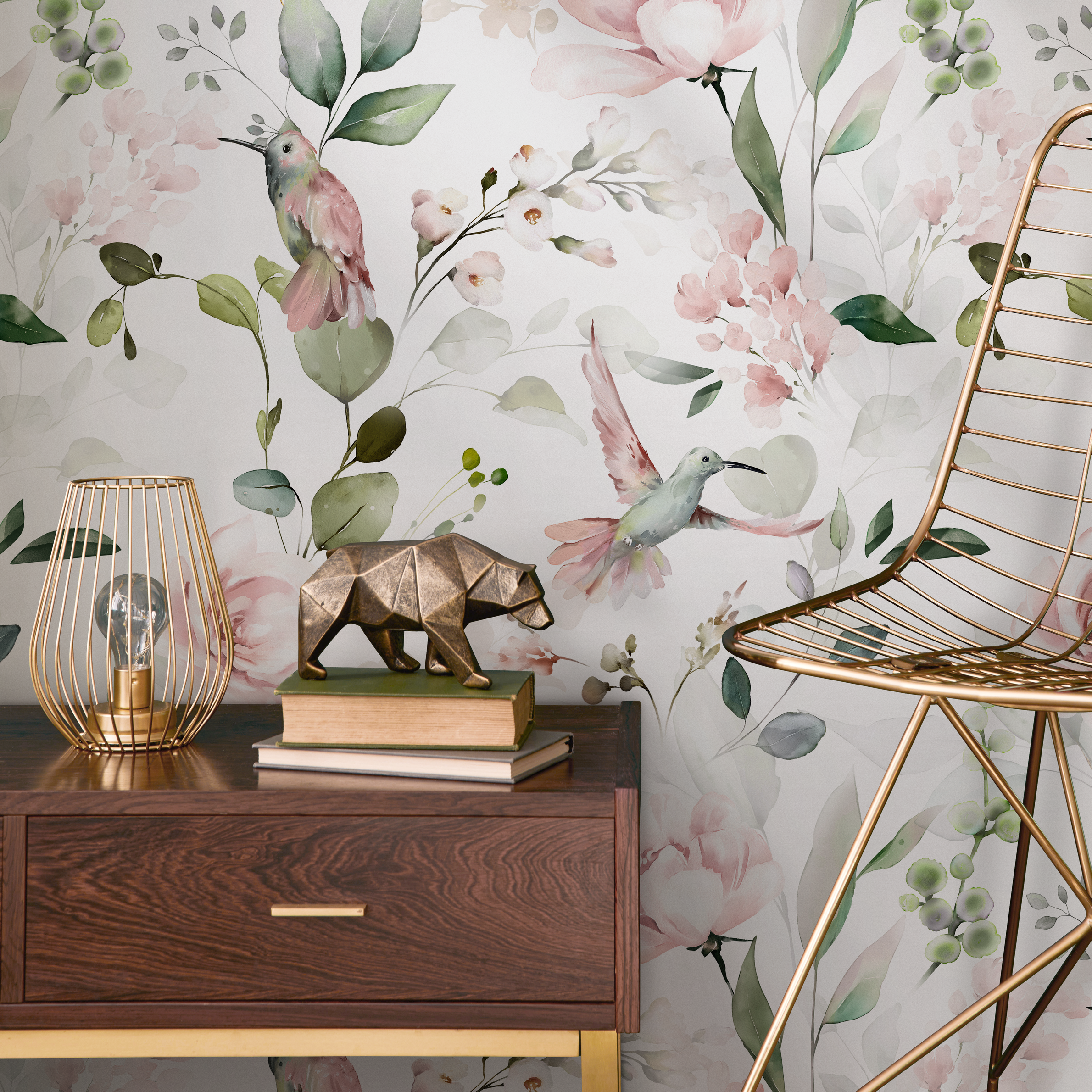 Animal Wallpaper With Hummingbirds And Flowers In Pink And Green - C353