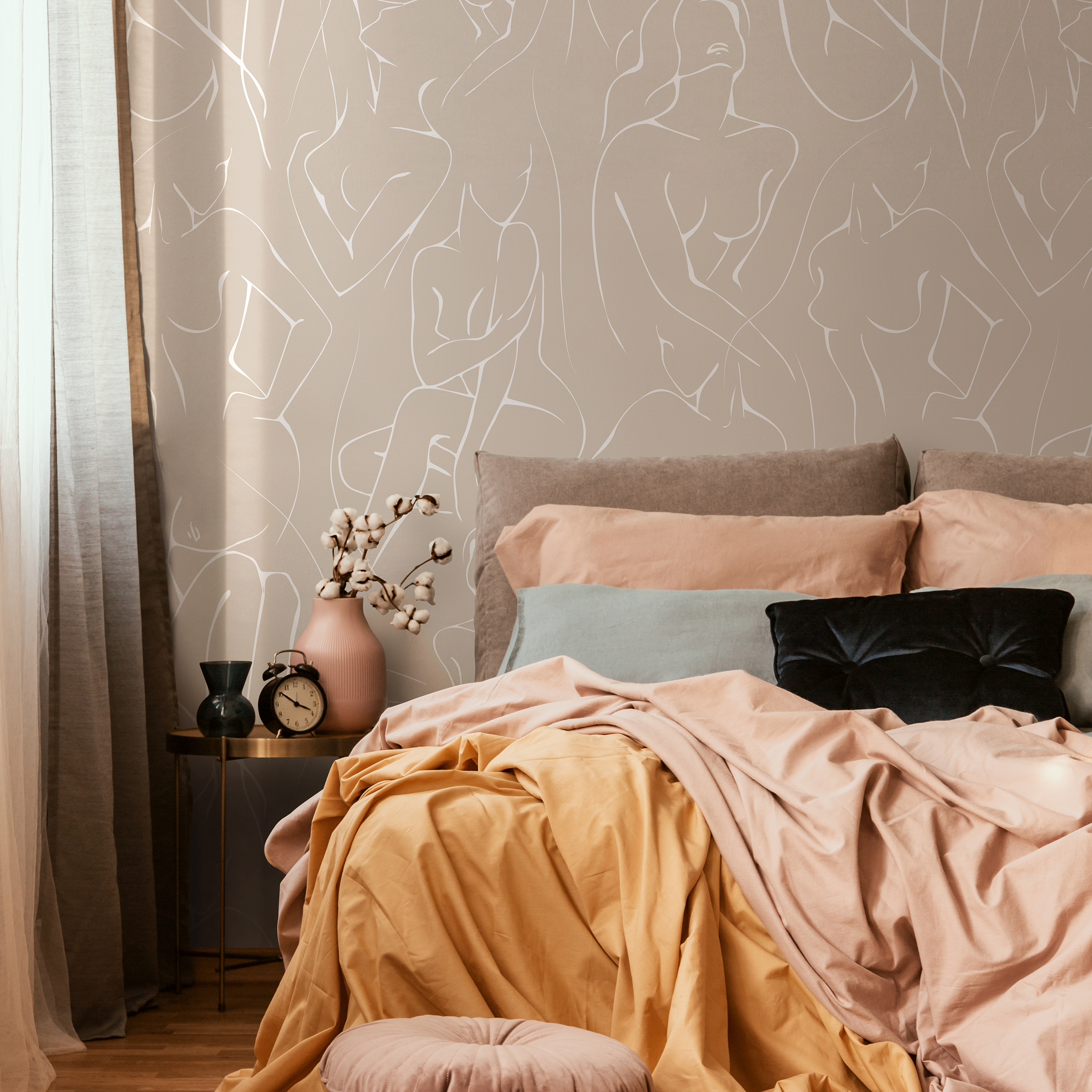Line Art Wallpaper With A Continuous Female Figure Motif In Beige And White - C354