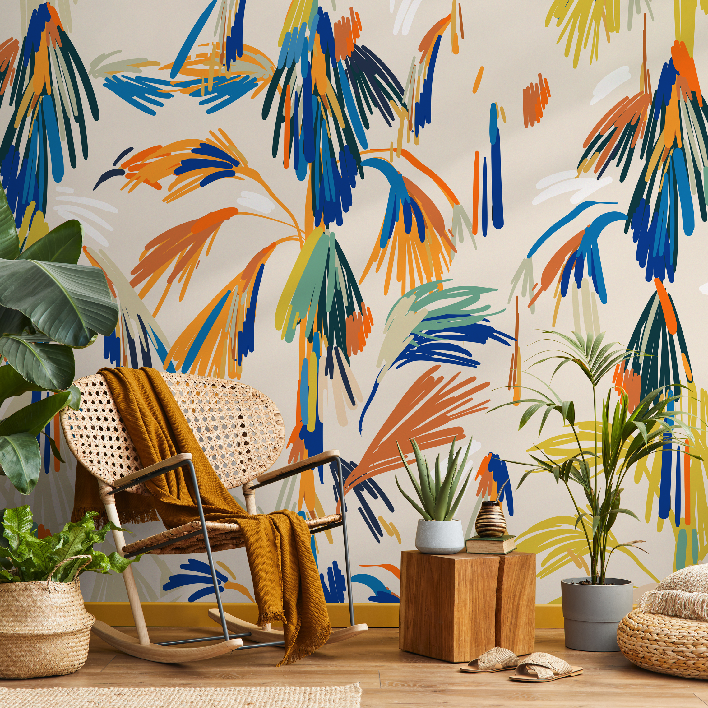 Abstract Wallpaper With Painterly Palm Leaves In Blue, Orange, And Yellow - C360