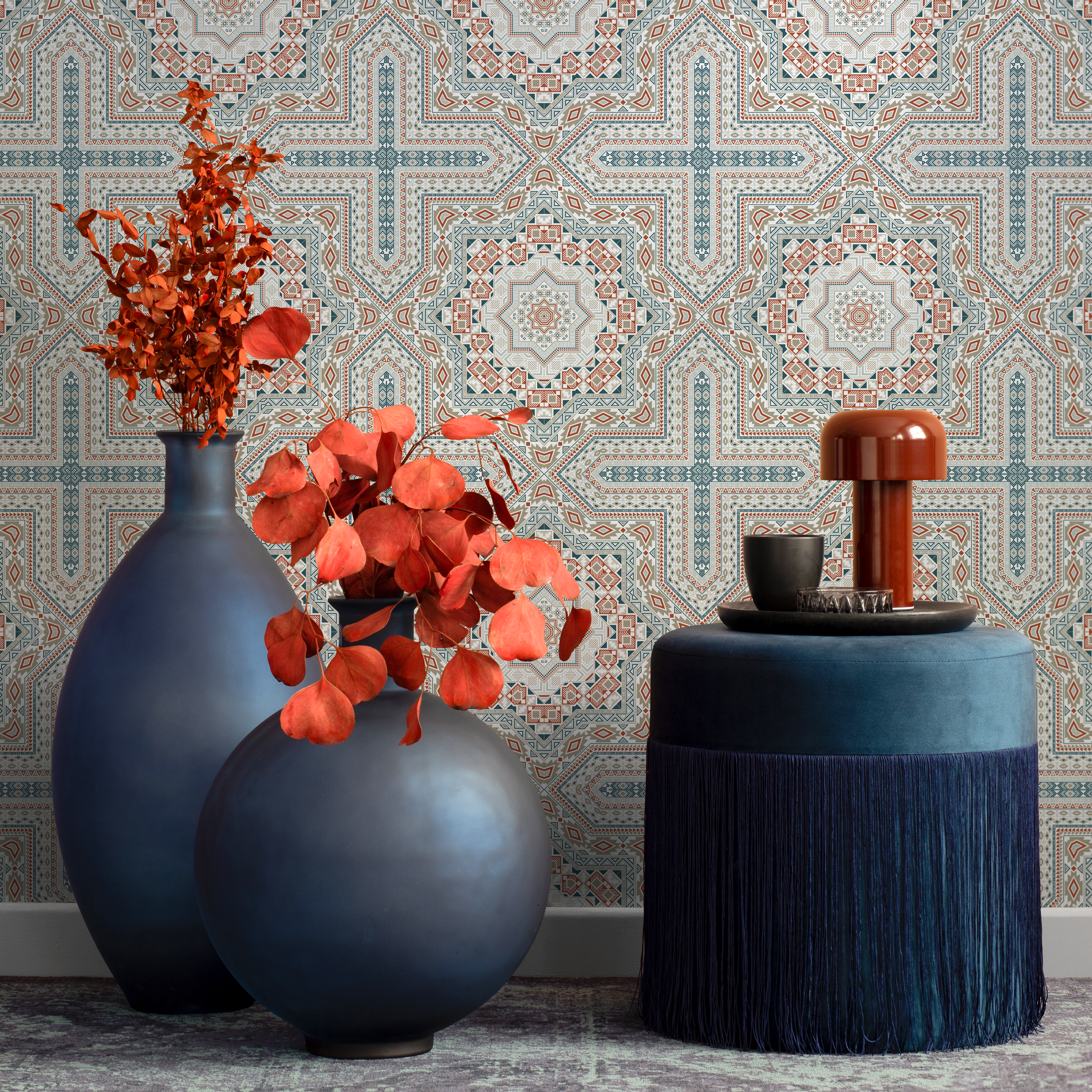 Geometric Wallpaper With A Marrakech Tile Pattern In Teal And Terracotta - C362